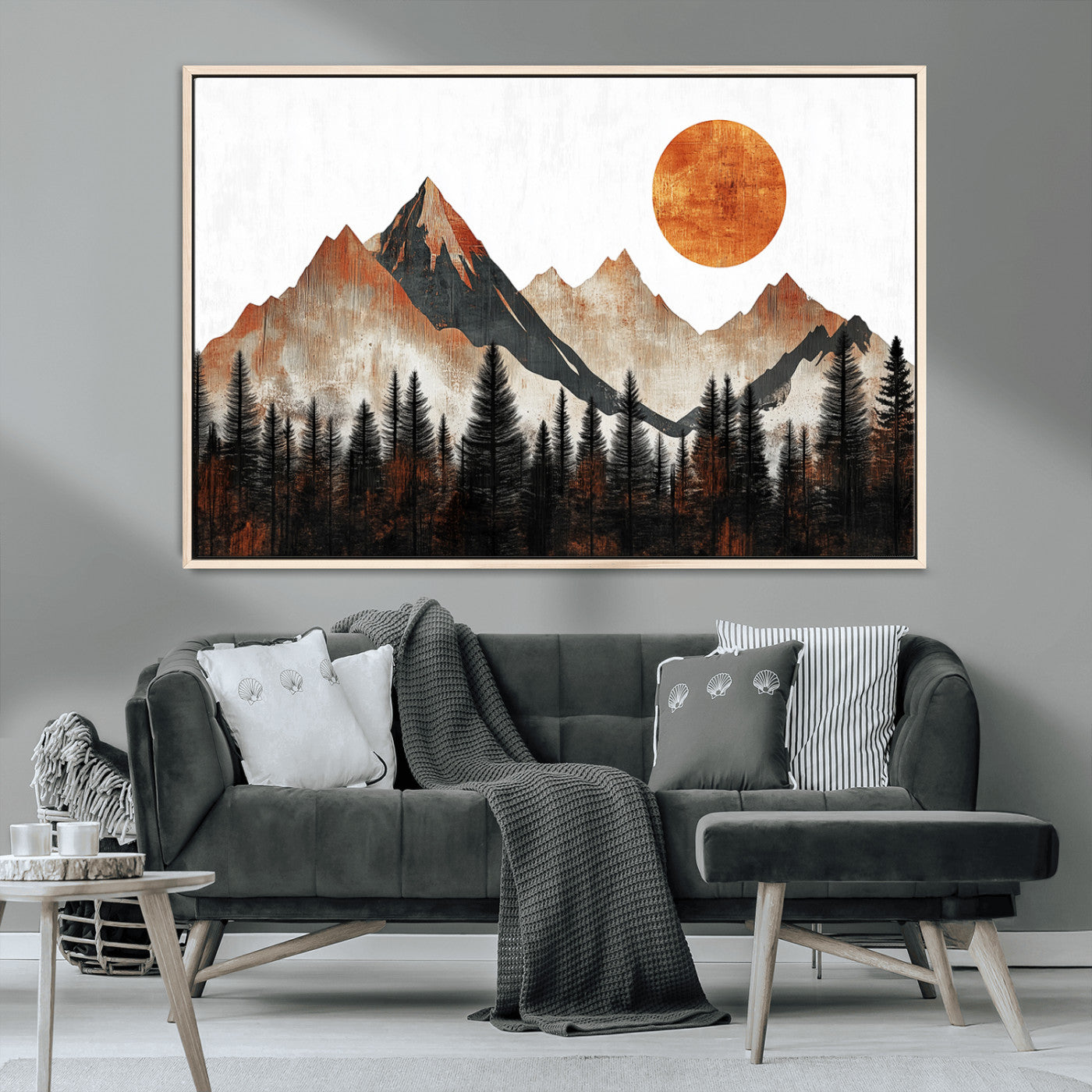 MGV-FC-36X24 - Modern Abstract Mountain Canvas Wall Art Print, Abstract Landscape Print, Rustic Sun and Mountains