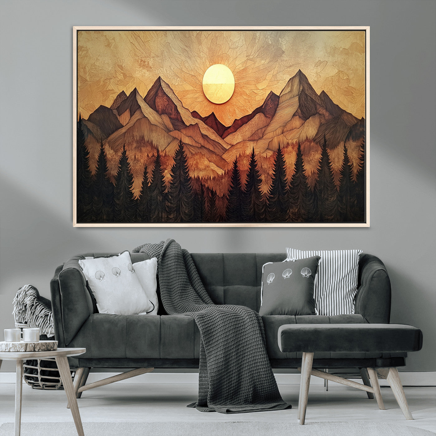 MGV-FC-36X24 - Wood Style Abstract Mountain Sunset Canvas Wall Art Print - Warm Earth Nature-Inspired Decor for