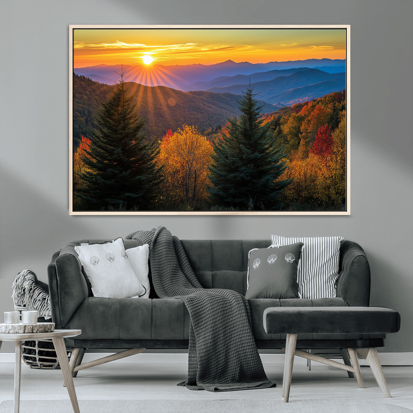 MGV-FC-36X24 - Golden Sunset Over Mountain Forest Canvas Wall Art Print - Warm Nature-Inspired Landscape for Living