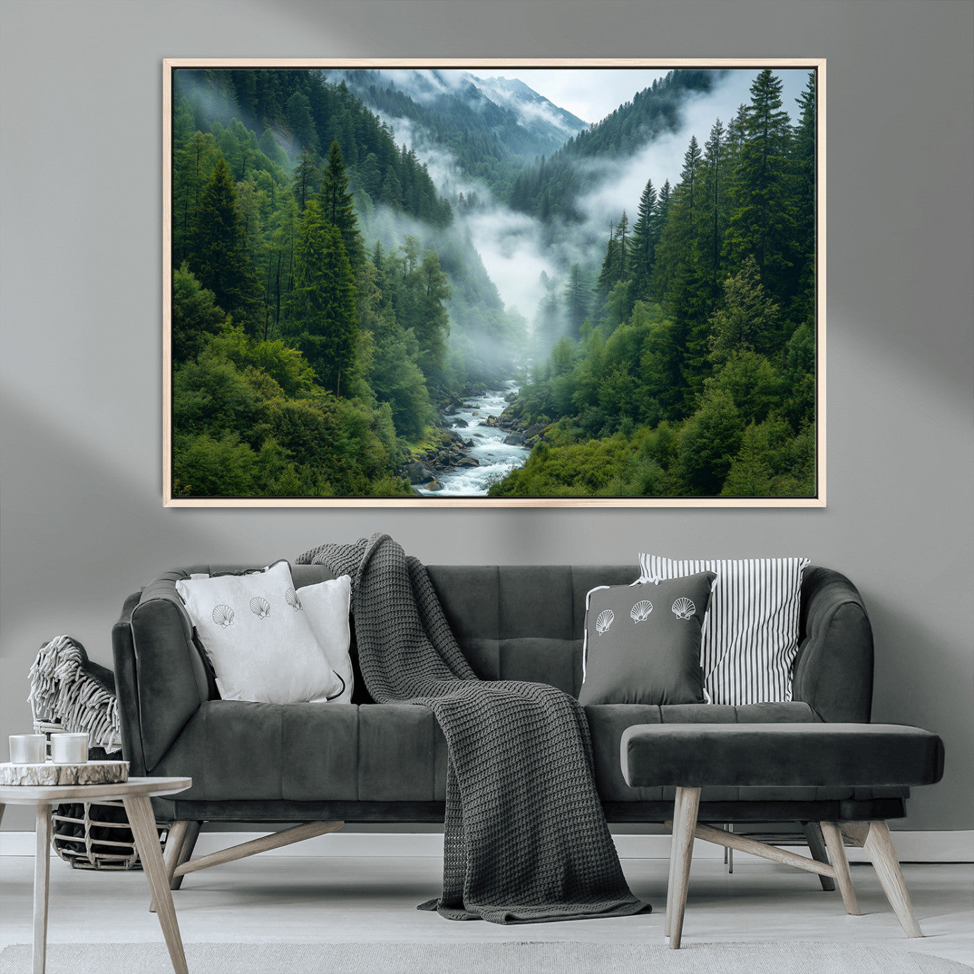 MGV-FC-36X24 - Mountain Forest River Canvas Wall Art Print - Serene Nature Landscape for Living Room, Office, or