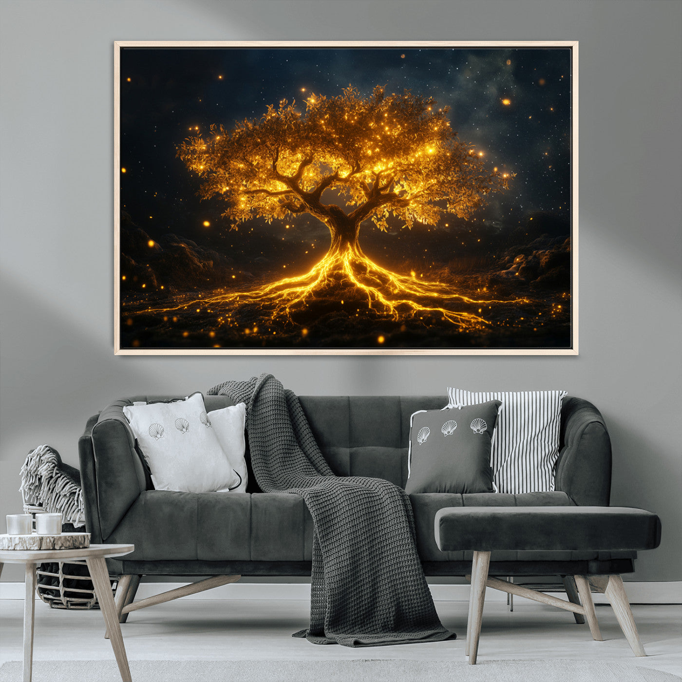 MGV-FC-36X24 - Golden Tree of Life Canvas Wall Art Print - Majestic Glowing Tree Design for Living Room, Office, or
