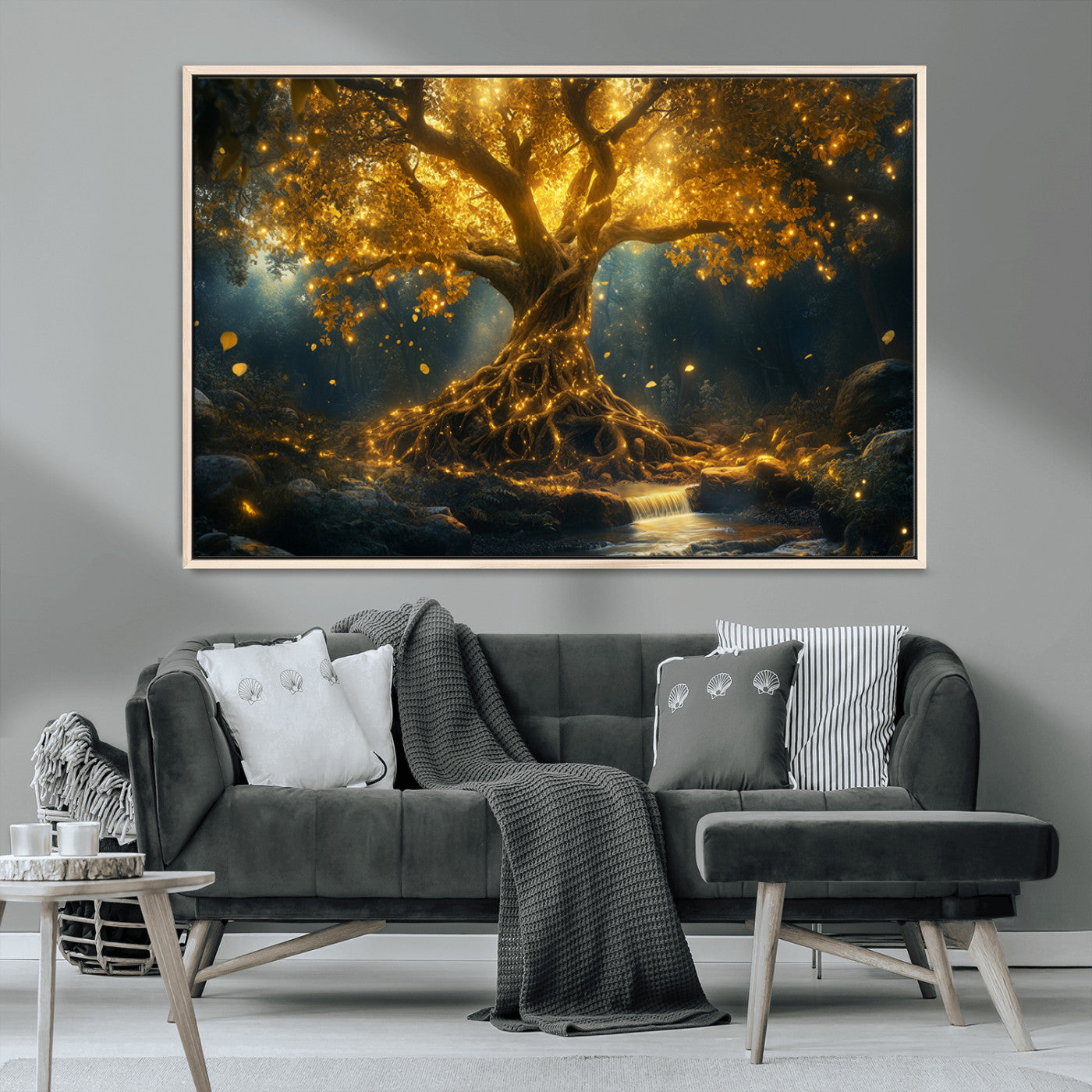MGV-FC-36X24 - Golden Tree of Life Canvas Wall Art Print - Majestic Glowing Tree Wall Art Print