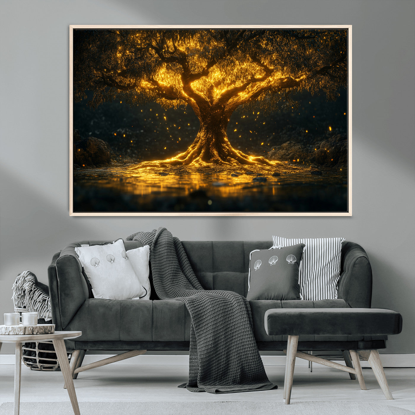 MGV-FC-36X24 - Golden Tree of Life Canvas Wall Art Print - Majestic Glowing Tree Wall Art Print