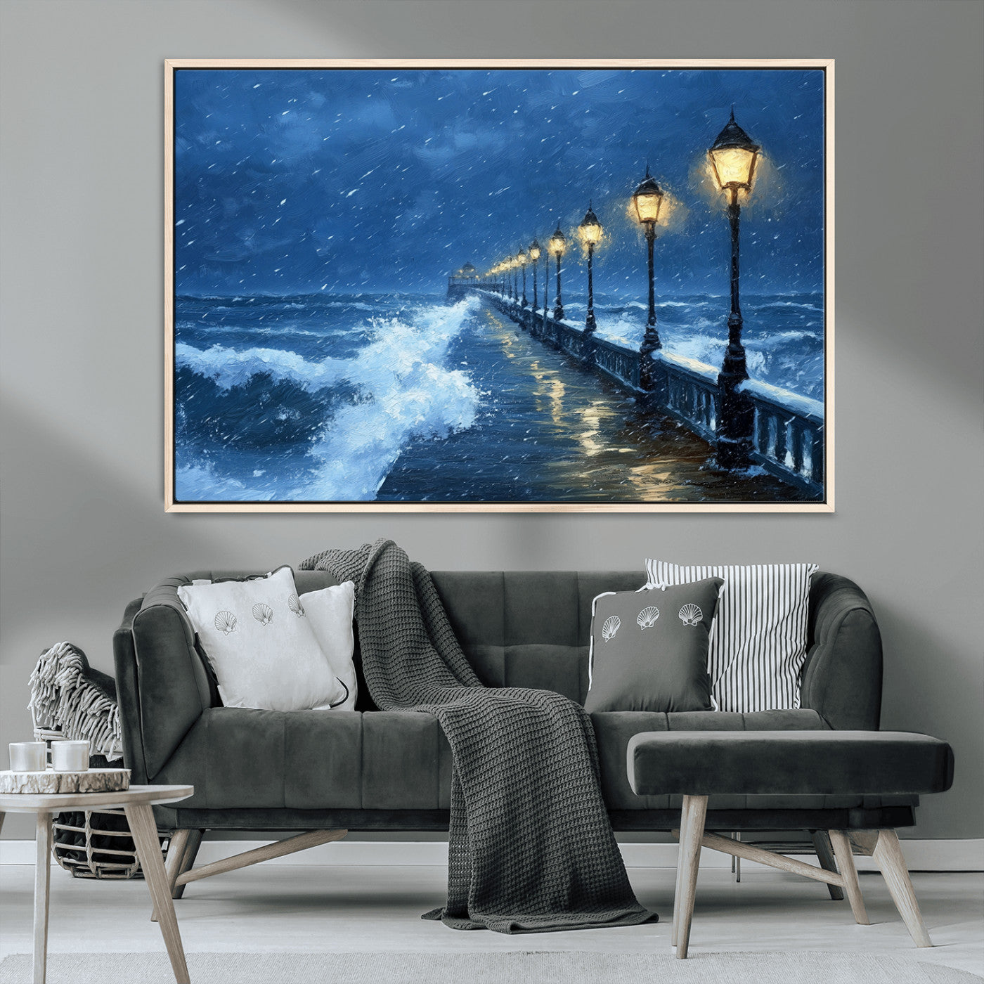 MGV-FC-36X24 - Stormy Ocean Pier Lights Canvas Wall Art Print - Large Moody Night Scene for Living Room, or Office,