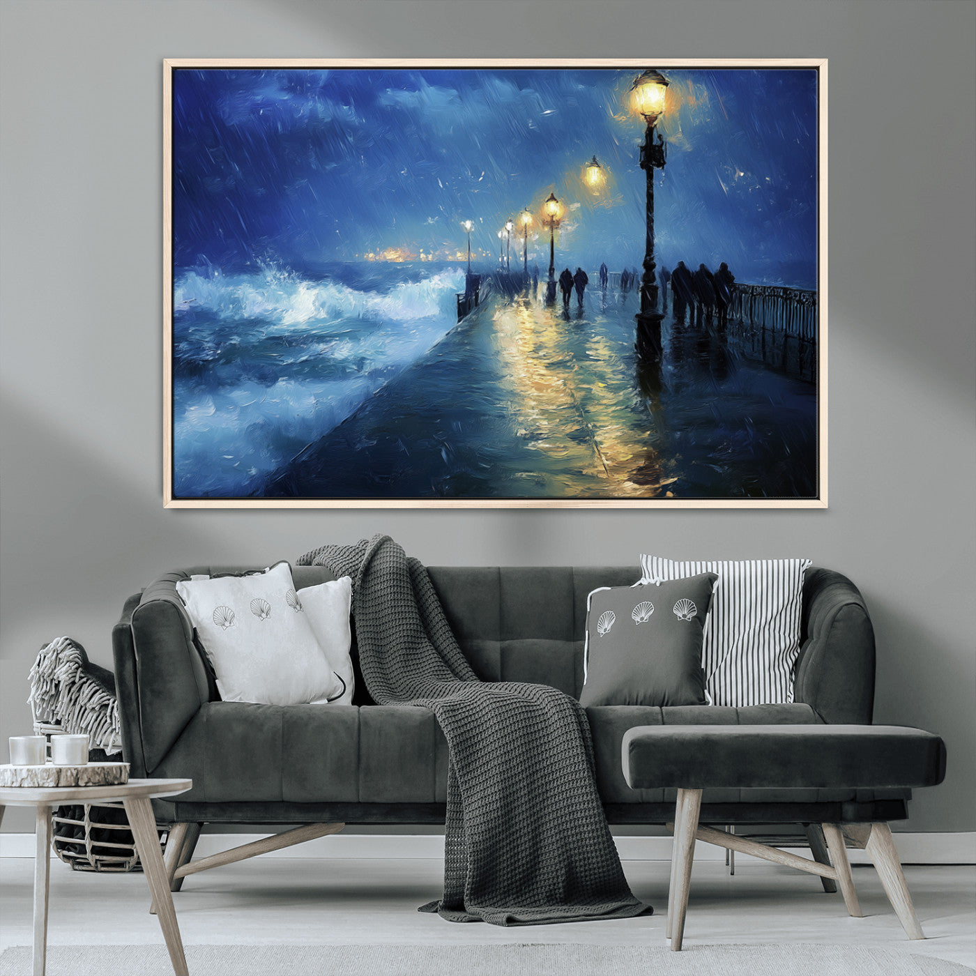 MGV-FC-36X24 - Abstract Stormy Ocean Pier Canvas Wall Art Print | Stormy Ocean Art | Large Moody Night Scene Print,