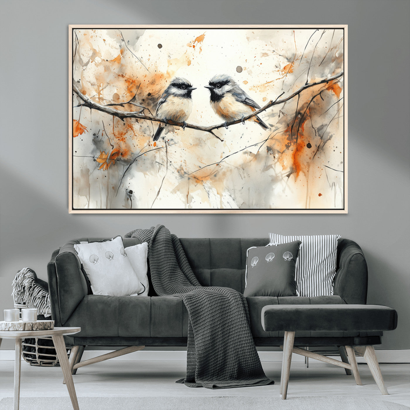 MGV-FC-36X24 - Abstract Watercolor Chickadee Bird Canvas Wall Art Print - Large Bird and Branch Wall Art, Modern
