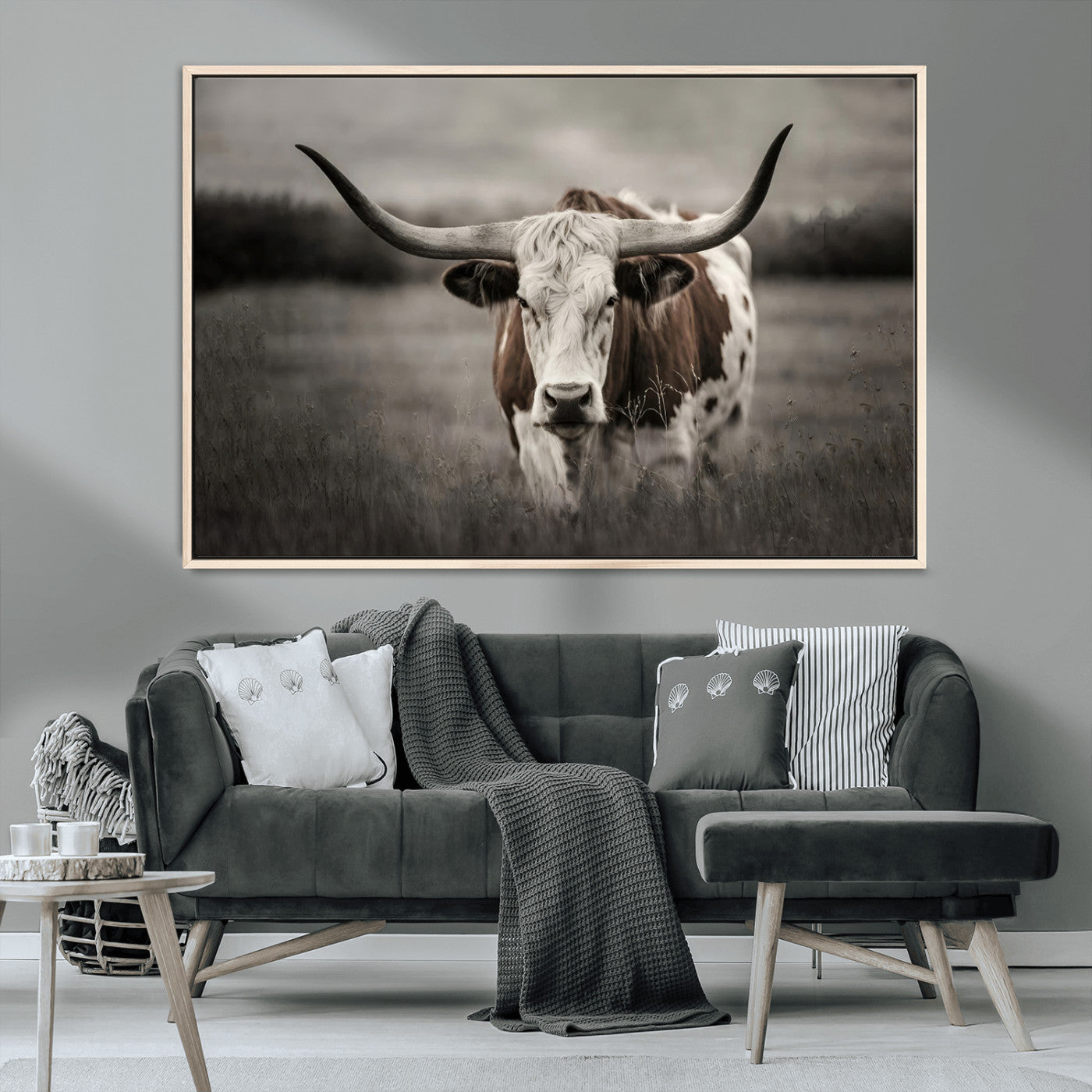 MGV-FC-36X24 - Texas Longhorn Cow Canvas Wall Art Print - Large Rustic Longhorn Art for Living Room, Western Wall