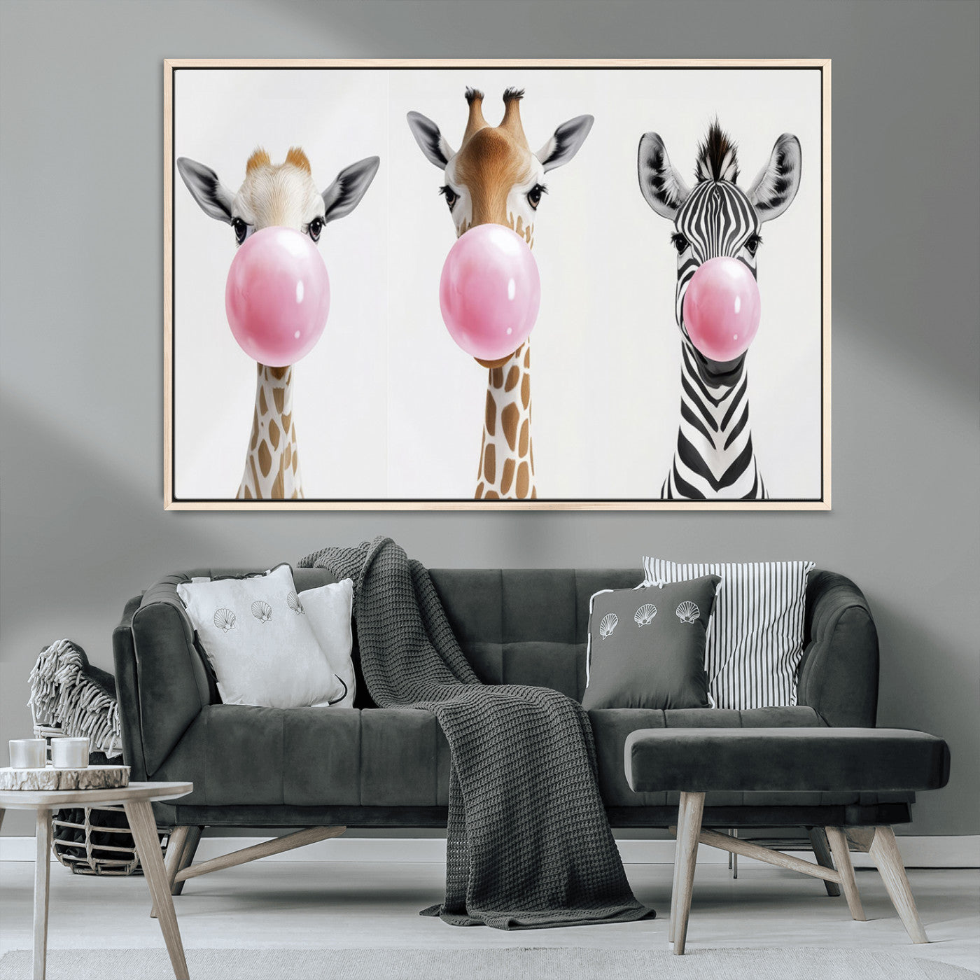MGV-FC-36X24 - Bubblegum Animals Canvas Wall Art - Playful Giraffe and Zebra Trio, Fun Nursery Decor for Kids'