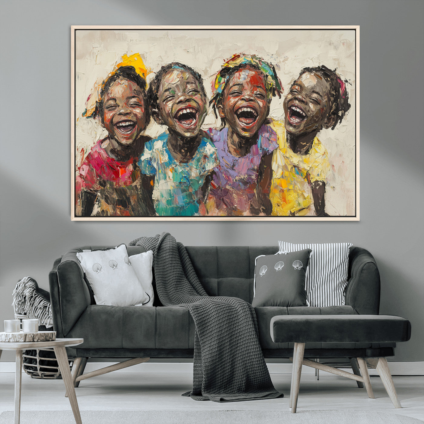 MGV-FC-36X24 - Shai Yossef style Joyful Childhood Canvas Wall Art - Expressive Impasto Painting of Black Children