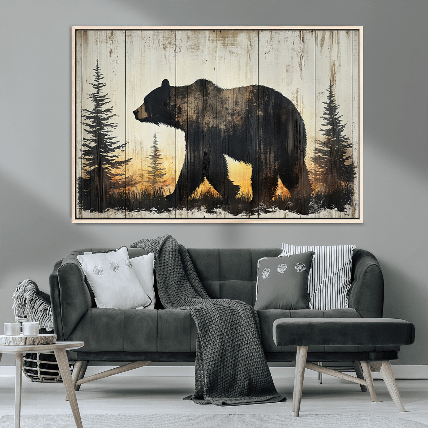 83875-MGV-CV-36X24-Vintage Bear Wall Art Canvas Print for Farmhouse - Mountain Wood Canvas Wall Art - Forest Silhouette