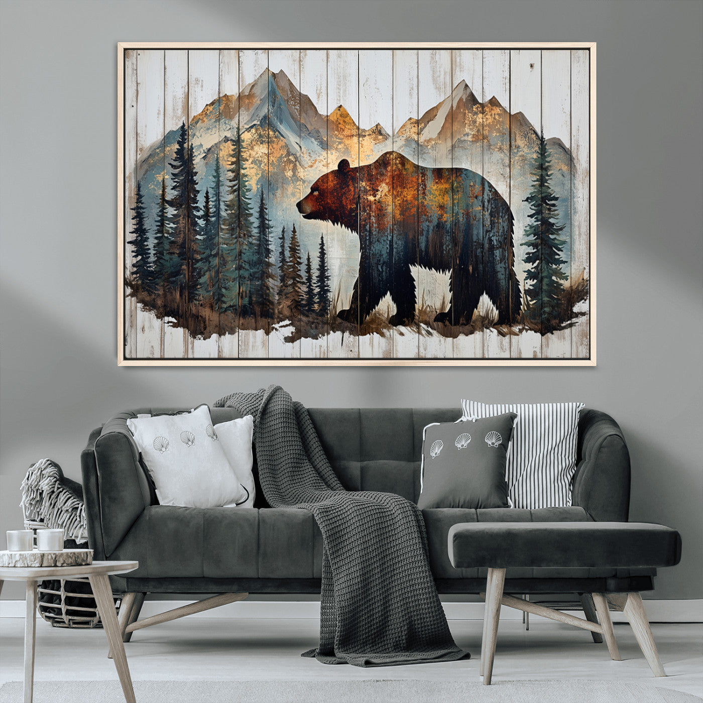 55777-MGV-CV-36X24-Rustic Grizzly 399 Bear and Mountain Wood Canvas Wall Art - Framed Nature Artwork with Forest