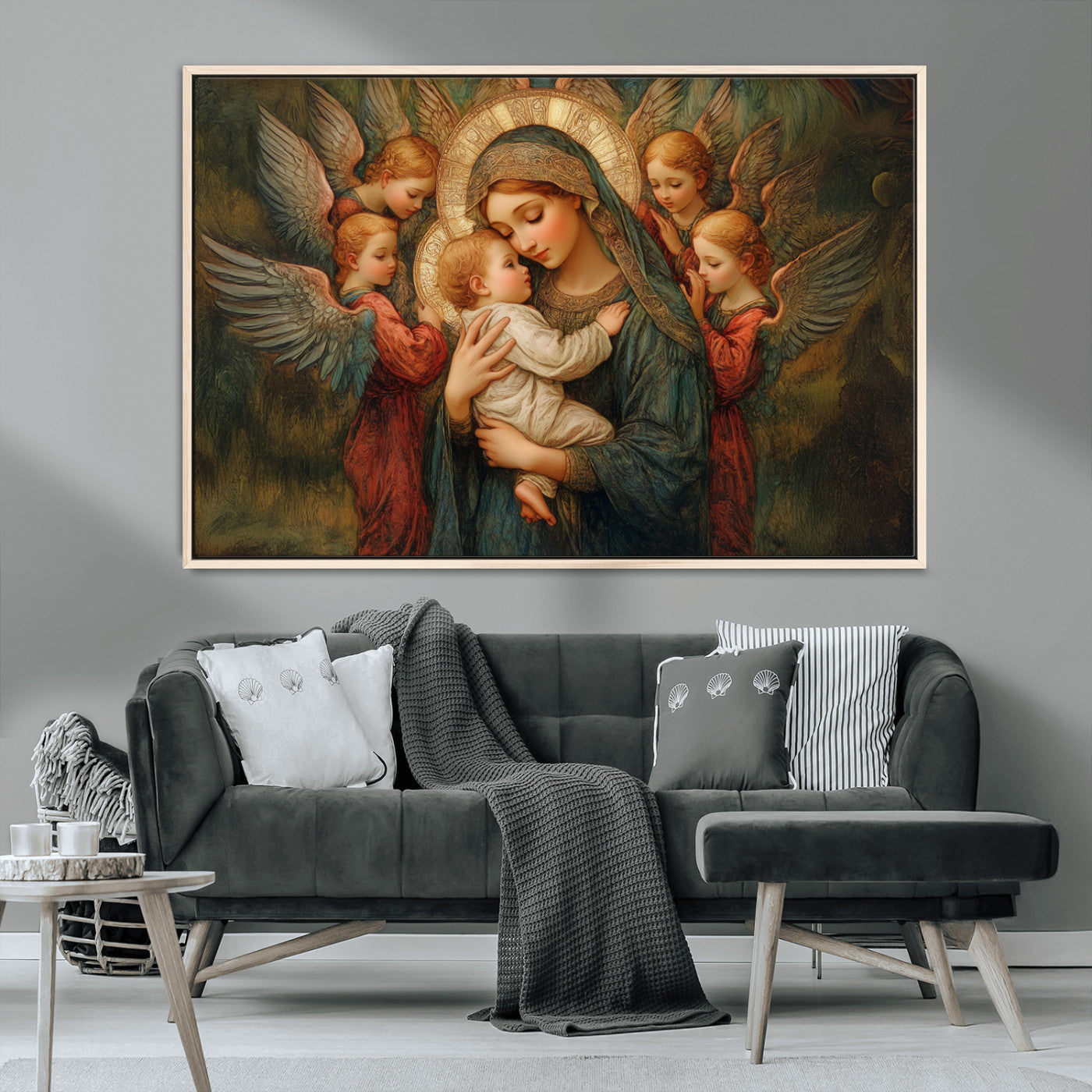 MGV-FC-36X24 - Mary Jesus Canvas Wall Art Print - Madonna and Child with Angels Art Print - Classic Christian