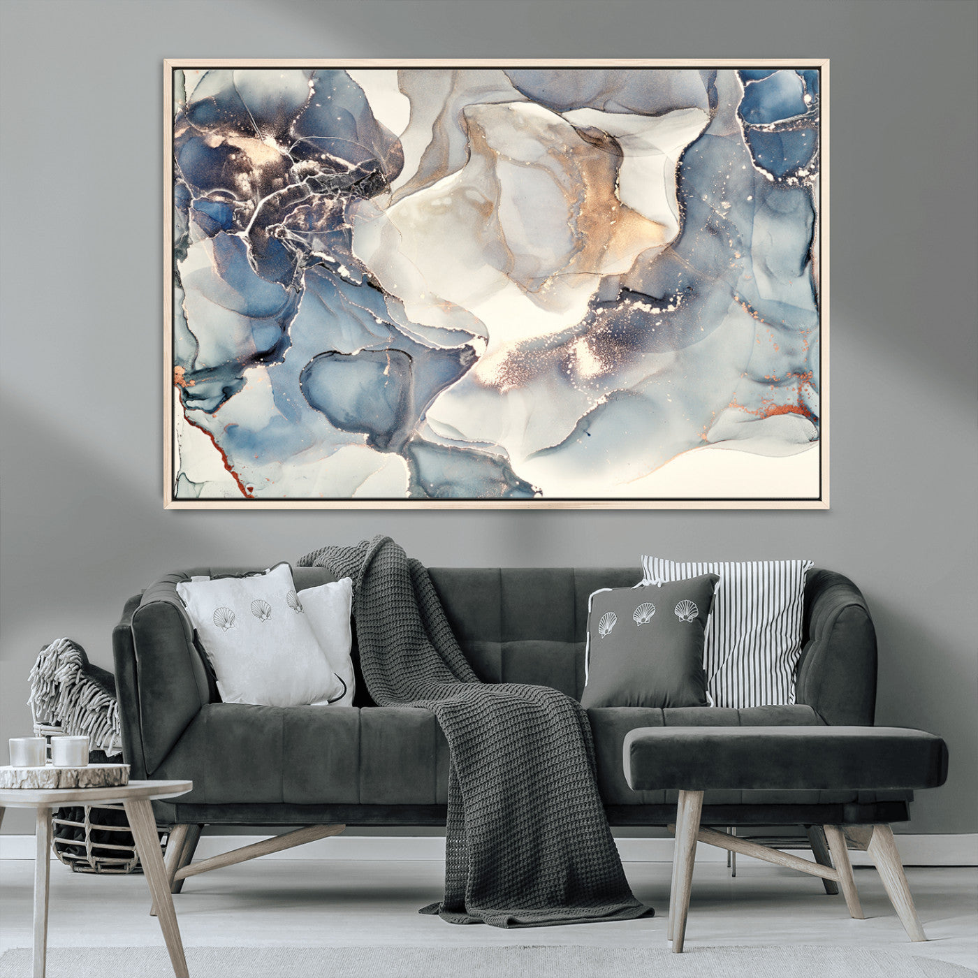 MGV-FC-36X24 - Abstract Blue and Gold Canvas Wall Art - Fluid Modern Ink Artwork - Modern Luxury Wall Decor for