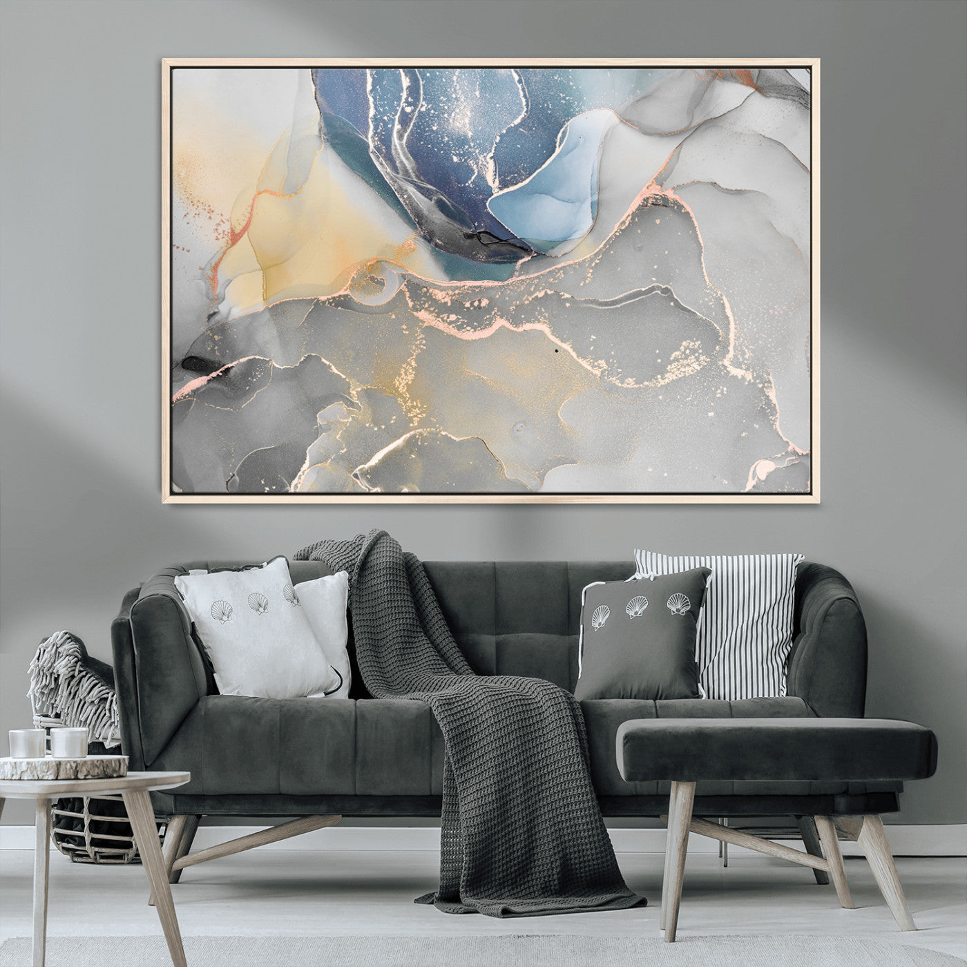 MGV-FC-36X24 - Large Abstract Blue and Gold Canvas Wall Art | Fluid Ink Artwork Print | Luxury Wall Decor for