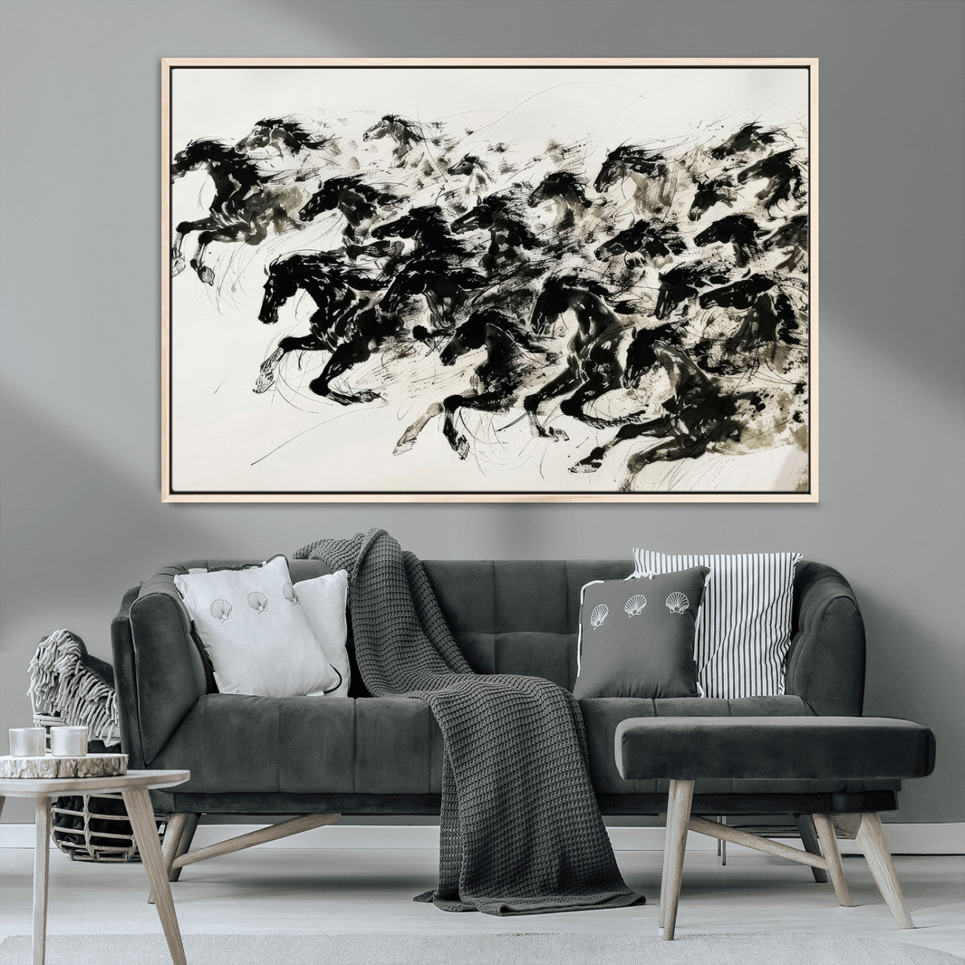 MGV-FC-36X24 - Abstract Horse Wall Art Canvas Print - Dynamic Black Ink Horse Print - Modern Equine Wall Decor for