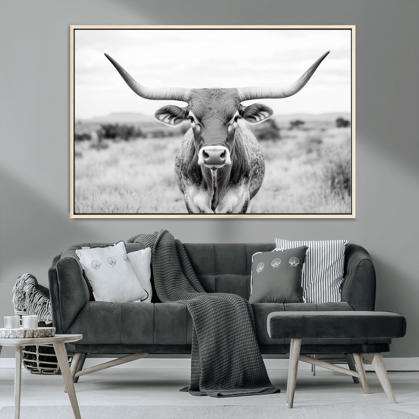 MGV-FC-36X24 - Highland Cow Wall Art Print - Black and White Texas Western Longhorn Canvas - Farmhouse Decor Print