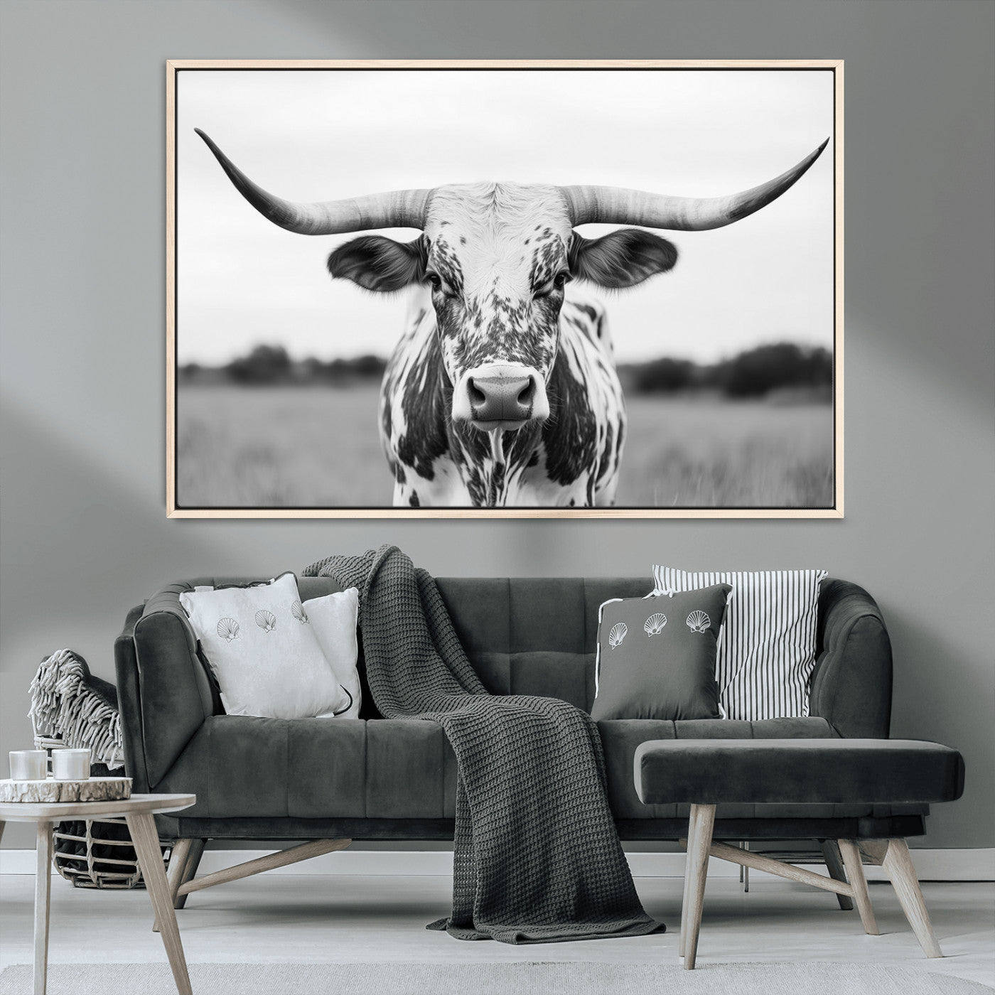 MGV-FC-36X24 - Highland Cow Wall Art - Black and White Western Longhorn Canvas Print - Farmhouse Living Room Decor