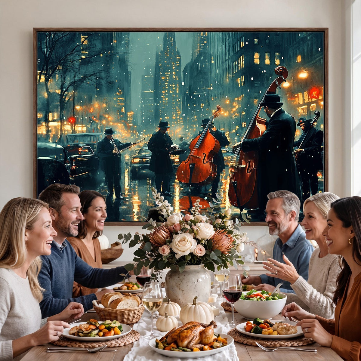 53391-MGV-CV-24X16 - Urban Night Jazz Wall Art Canvas Print | Moody Rain Soaked City Street Band Scene