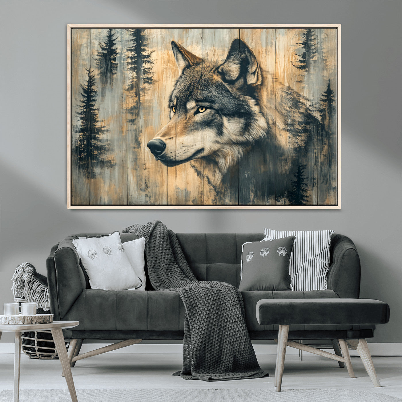 MGV-FC-36X24 - Wood Style Rustic Wolf Wall Art Canvas Print, Vintage Woodland Wolf Wall Art, Framed Wood Style Wolf