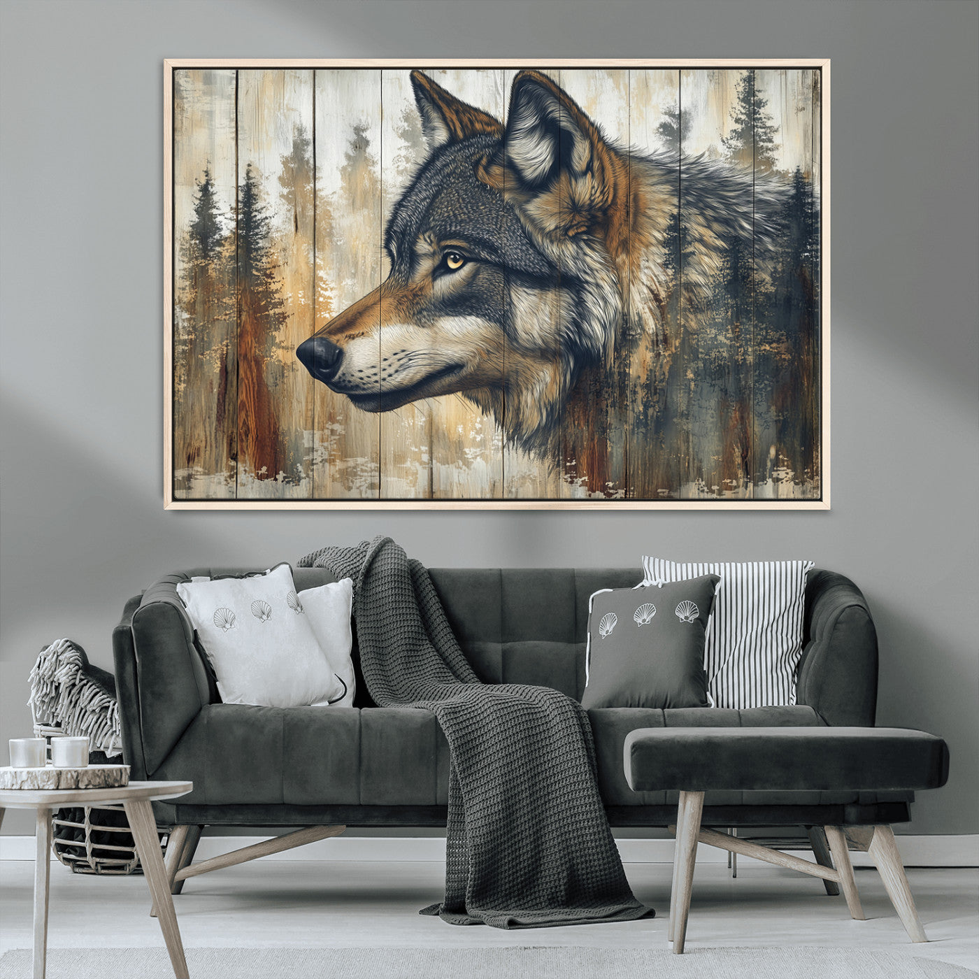 MGV-FC-36X24 - Rustic Wolf Wall Art Canvas Print, Vintage Woodland Wolf Wall Art