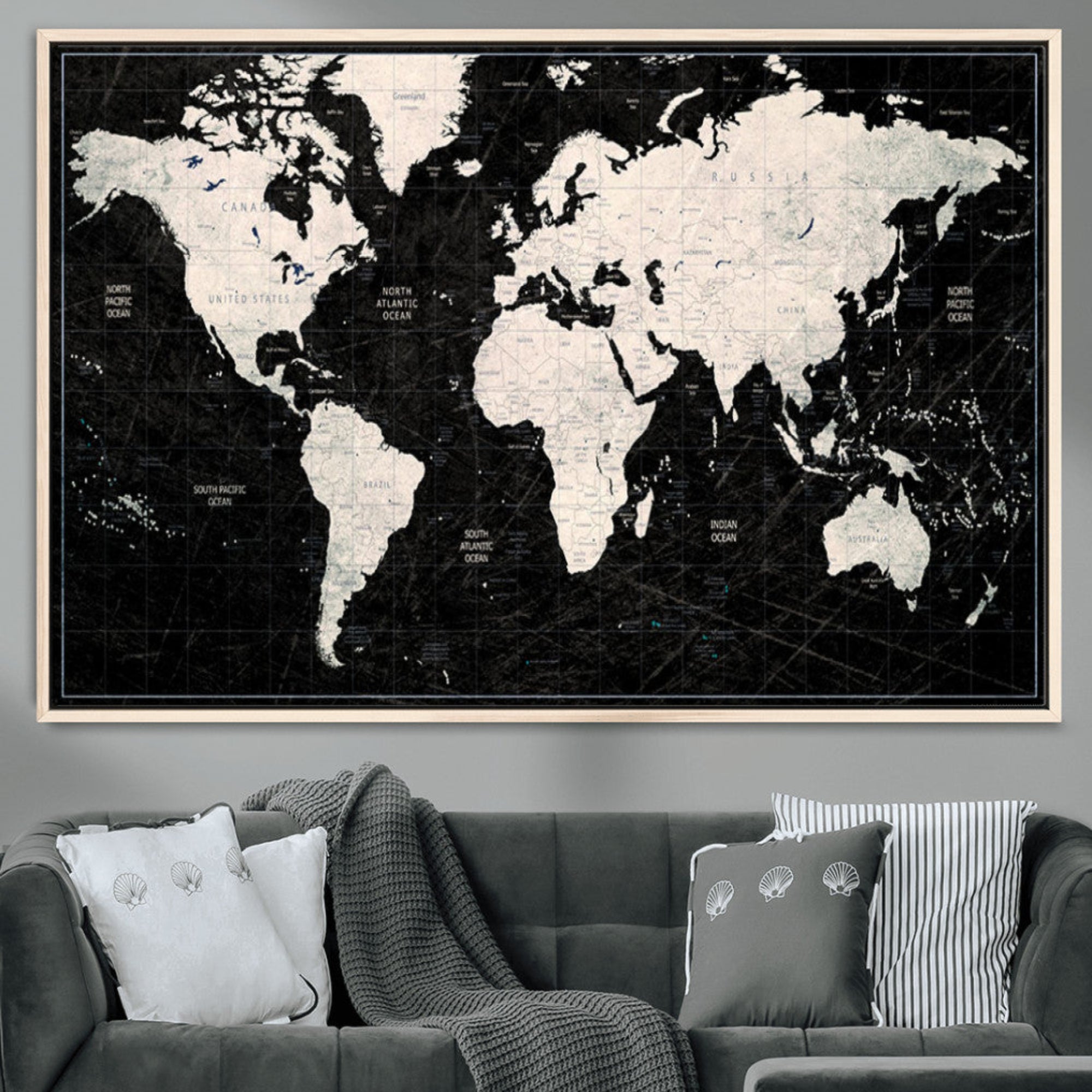 N50Black-MGV-CV-36X24-Push Pin World Map Canvas Print – Framed Travel Tracker Wall Art for Couples, Anniversary Gift and Elegant Home Decor