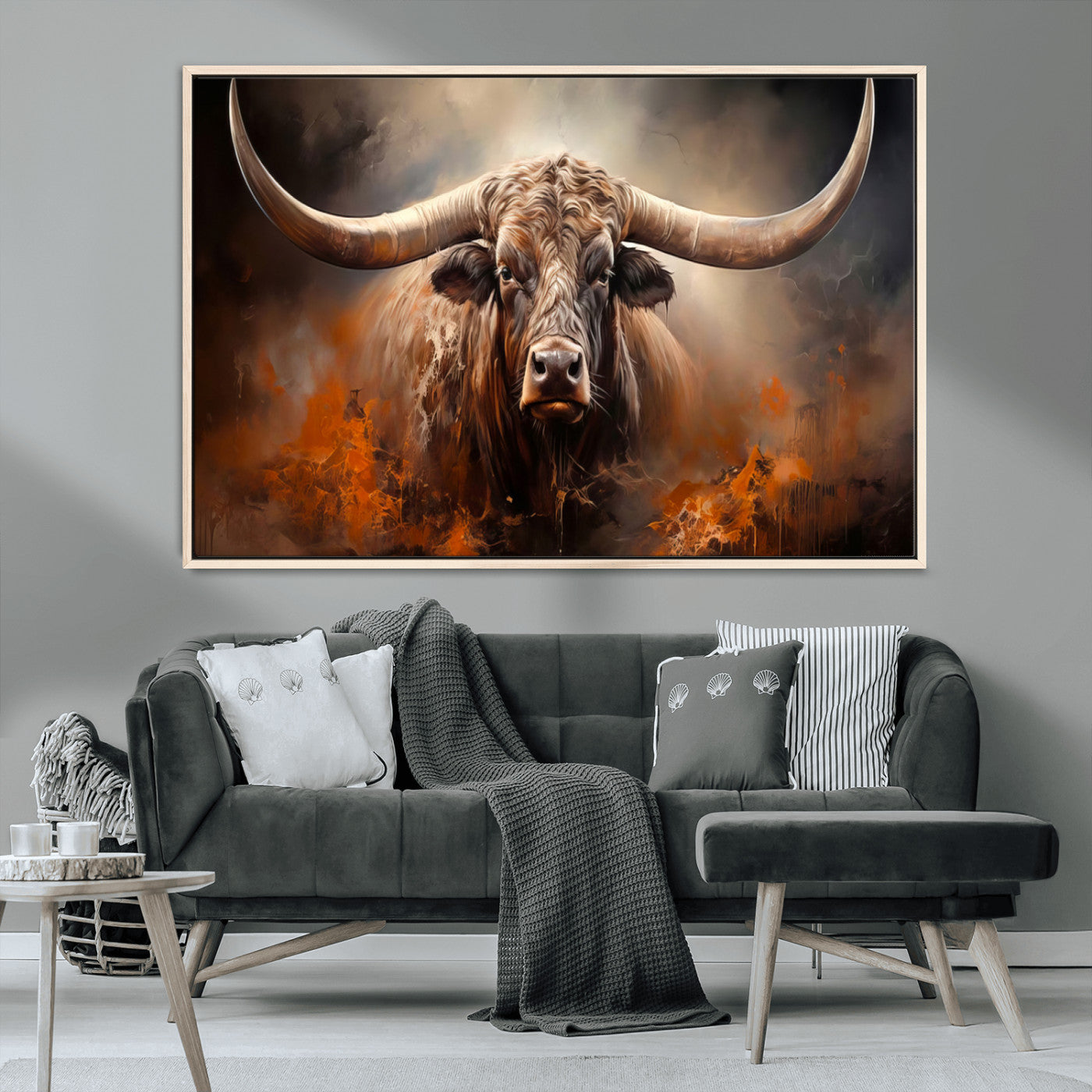 MGV-FC-36X24 - Highland Bull Canvas Abstract Canvas Wall Art Print – Powerful Highland Bull with Striking Horns in
