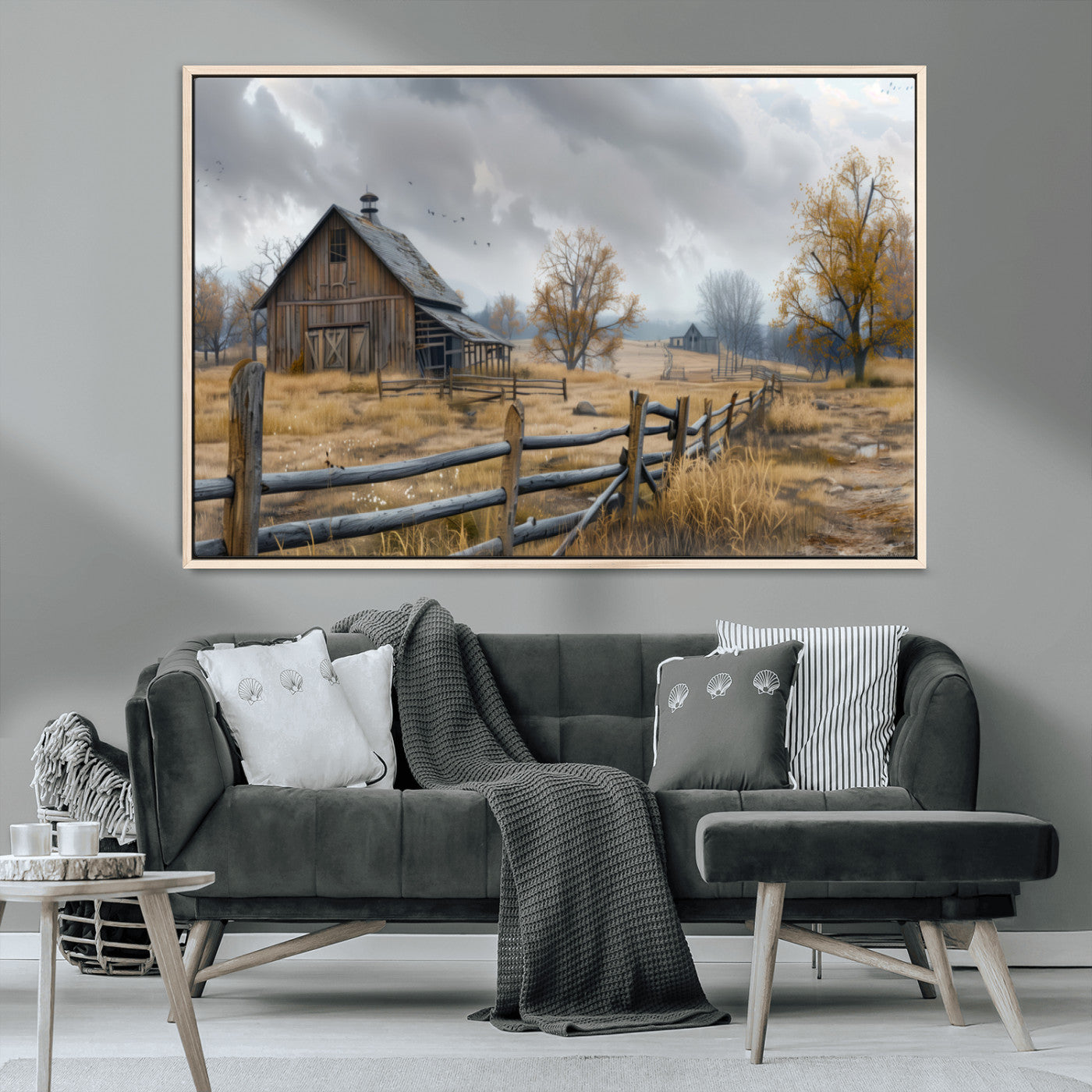 MGV-FC-36X24 - Rustic Autumn Farmhouse Wall Art Canvas Print – Serene Countryside Scene with Weathered Barn and