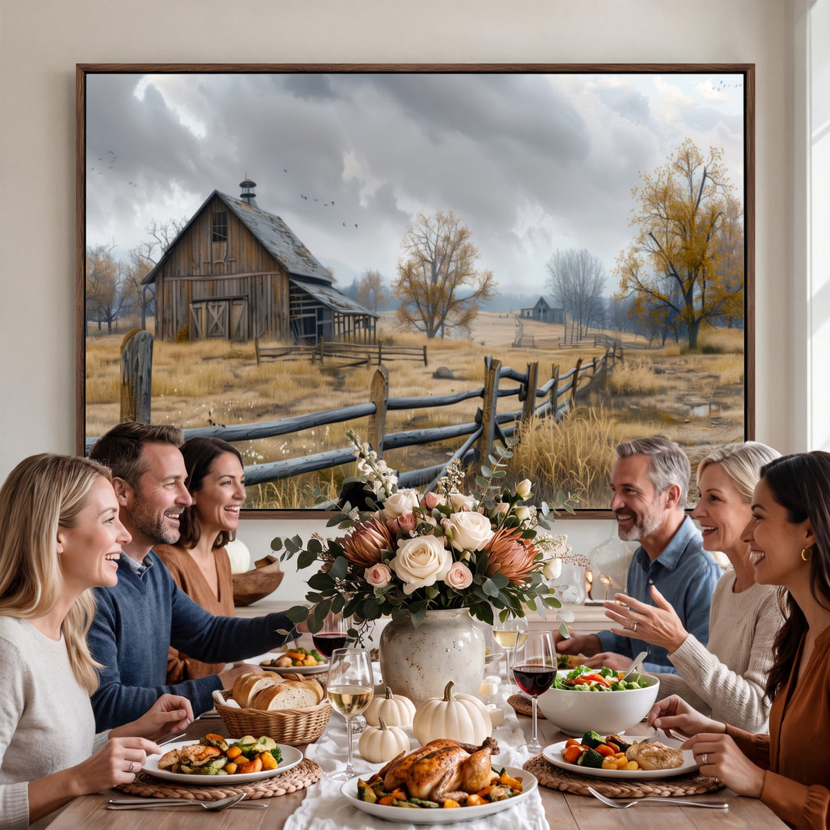 Farm1-MGV-CV-36X24 - Rustic Autumn Farmhouse Wall Art Canvas Print | Serene Countryside with Weathered Barn