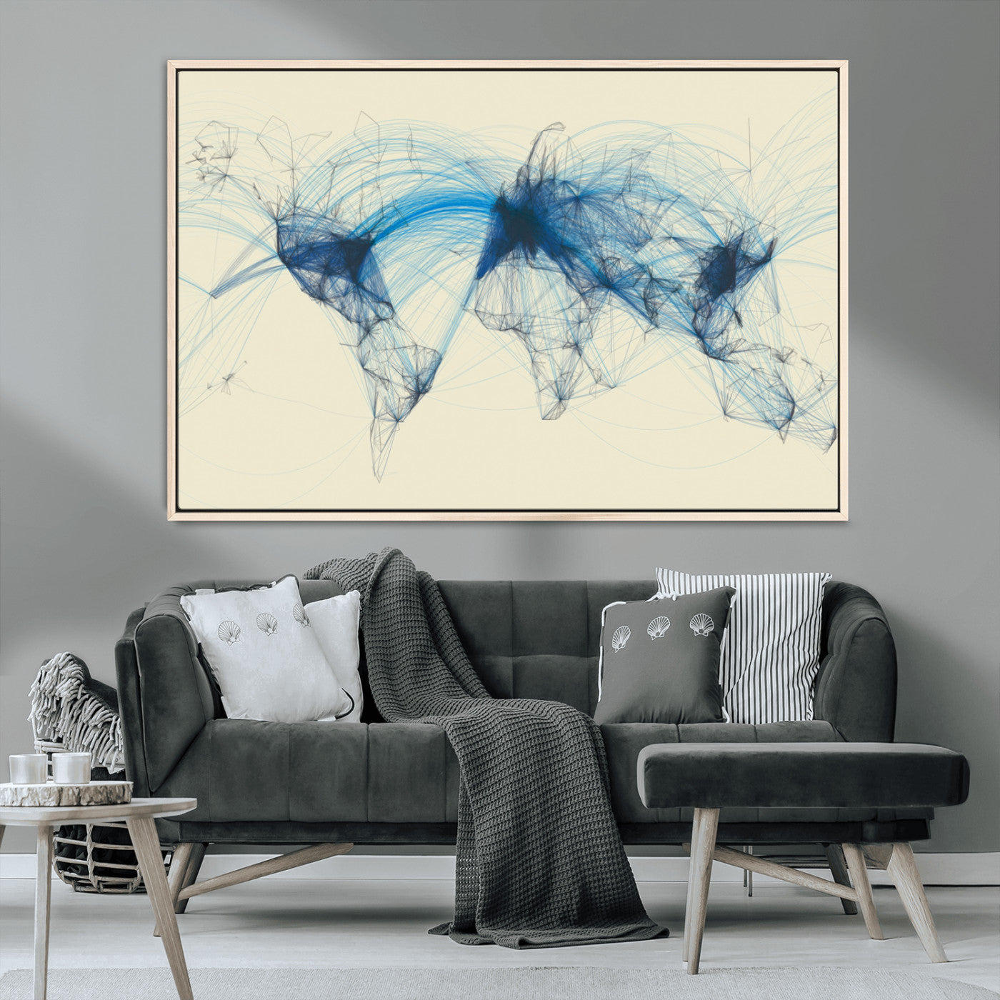 MGV-FC-36X24 - Flight Routes Map art Air Traffic Avi World Map with Blue Connections Canvas Wall Art – Modern
