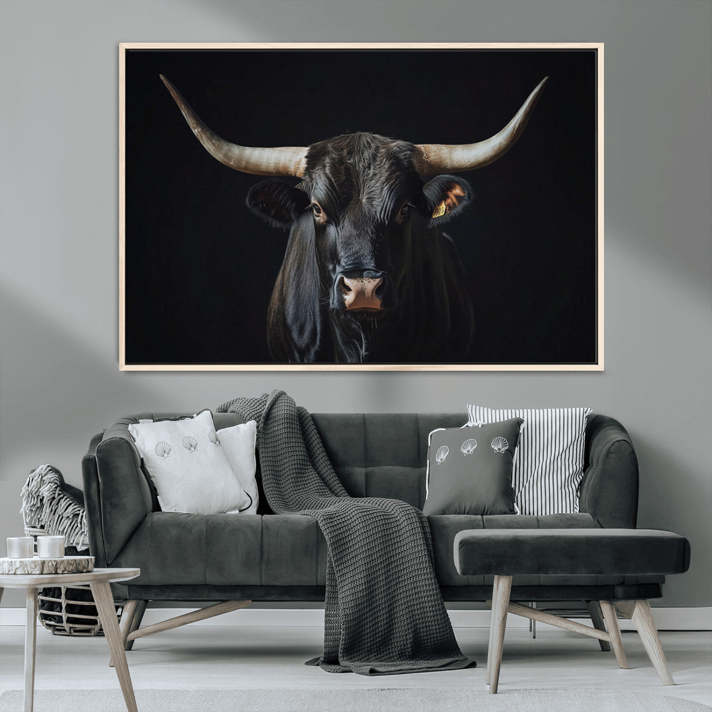 48065167-MGV-CV-36X24-Majestic Longhorn Bull Wall Art Canvas Print – Dark Background Western Ranch Portrait Artwork for Home, Office