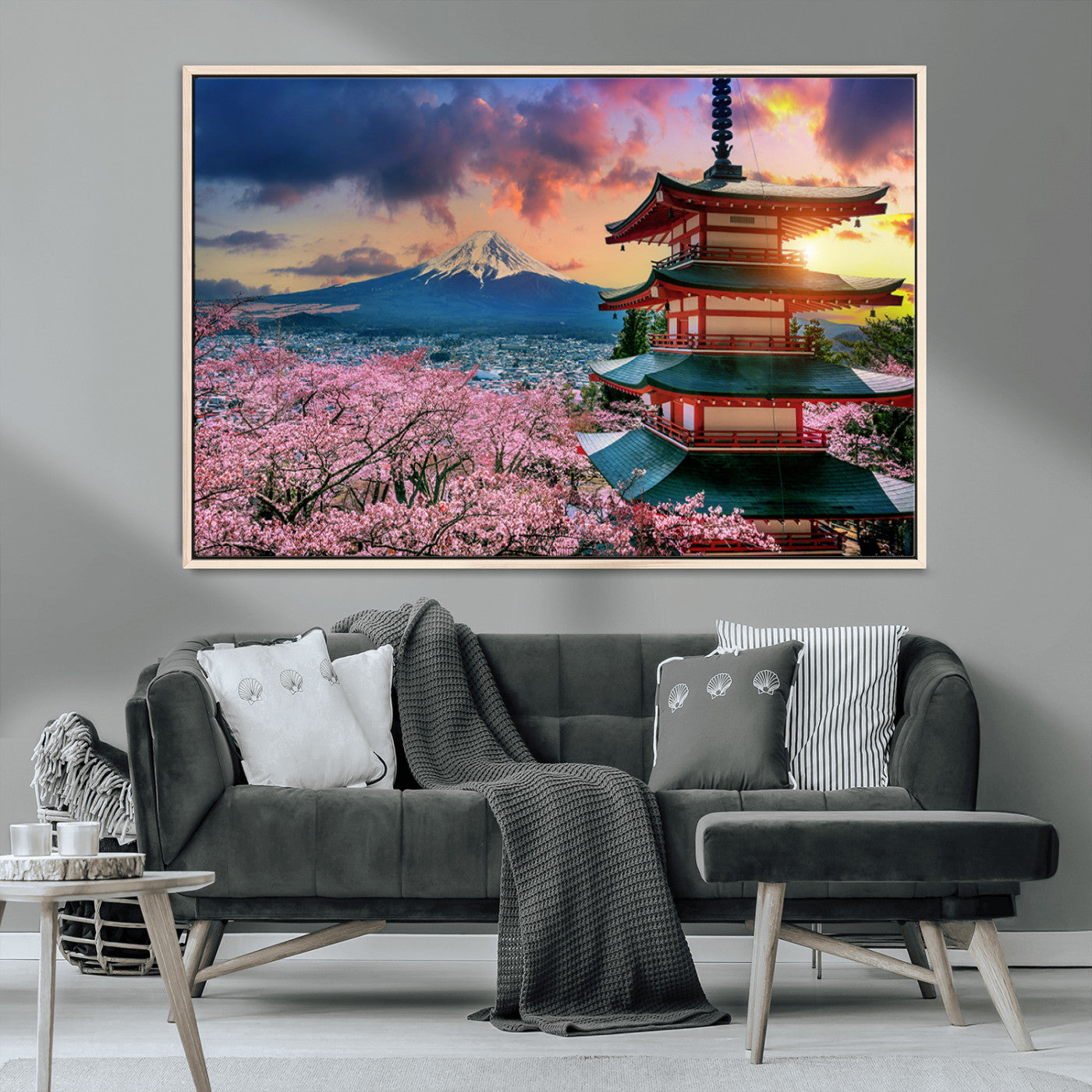 MGV-FC-36X24 - Mount Fuji & Cherry Blossom Wall Art Canvas Print – Iconic Japanese Landscape, Sakura Pagoda Sunset,
