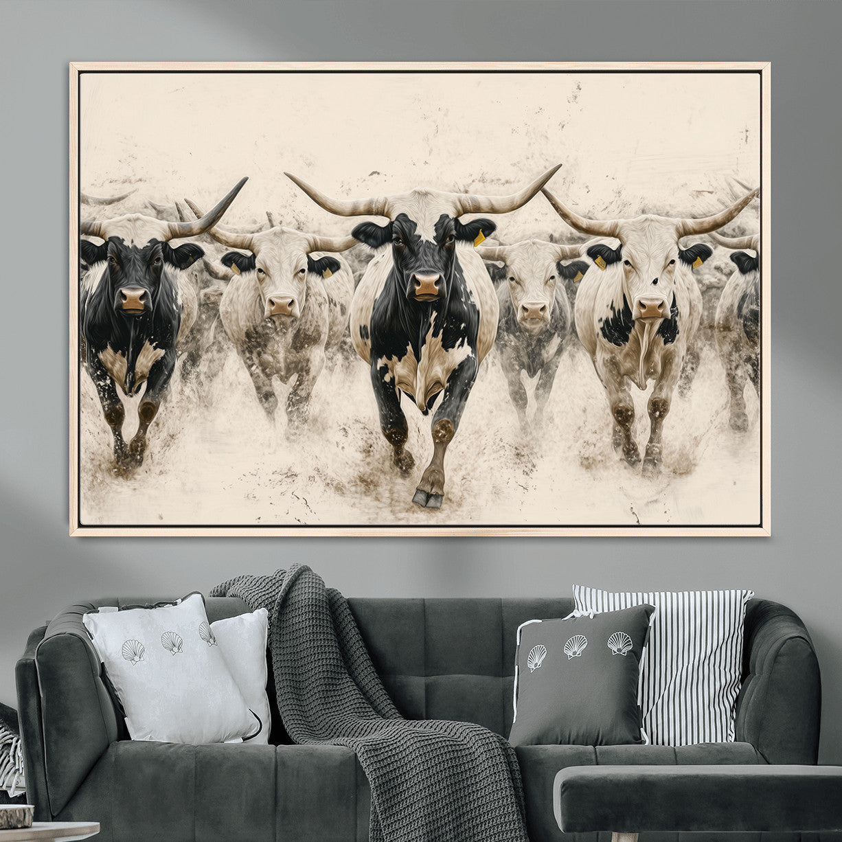 MGV-FC-36X24 - Cream Dust Longhorn Wall Art – Canvas Print of Western Herd Stampede, Dynamic Charge, Rustic Prairie Motion, Bold Nature Farm Decor