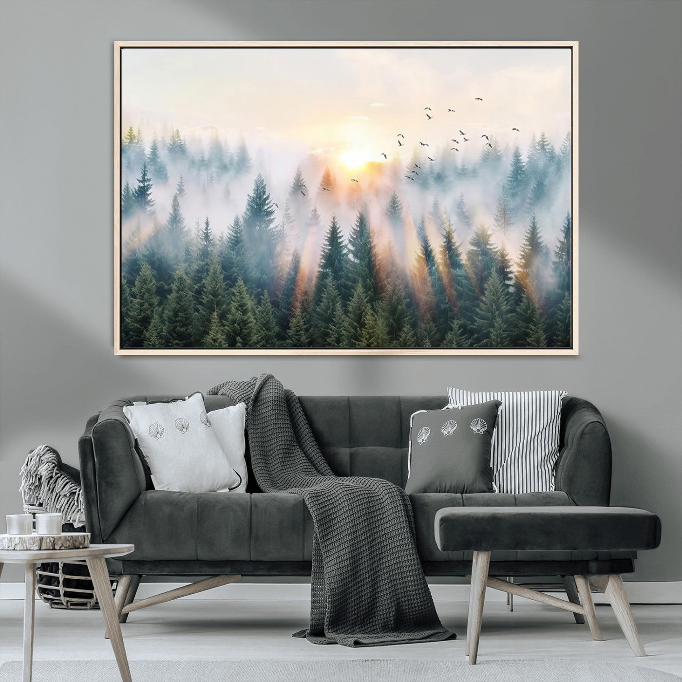 MGV-FC-36X24 - Misty Pine Forest Wall Art Canvas, Sunrise Over Foggy Trees Canvas for Home - Office, Framed