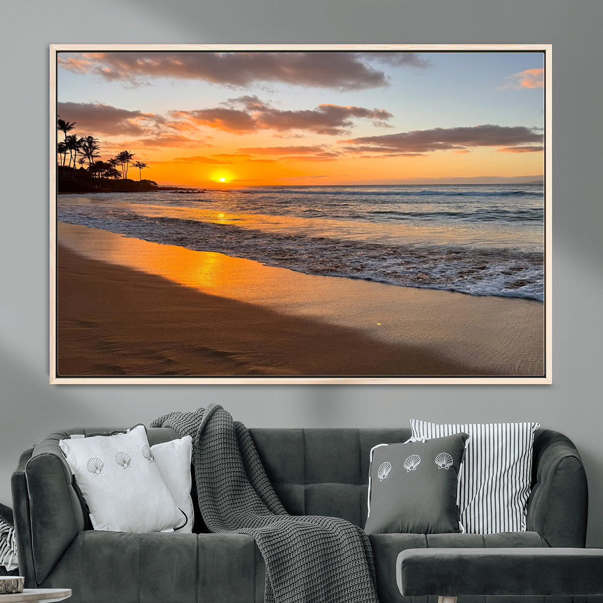 MGV-FC-36X24 - Sunset Glow Wall Art – Canvas Print of Ocean Breeze, Golden Sand, Tropical Palm Silhouettes, Tranquil Waves, Beach Nature Decor for Home