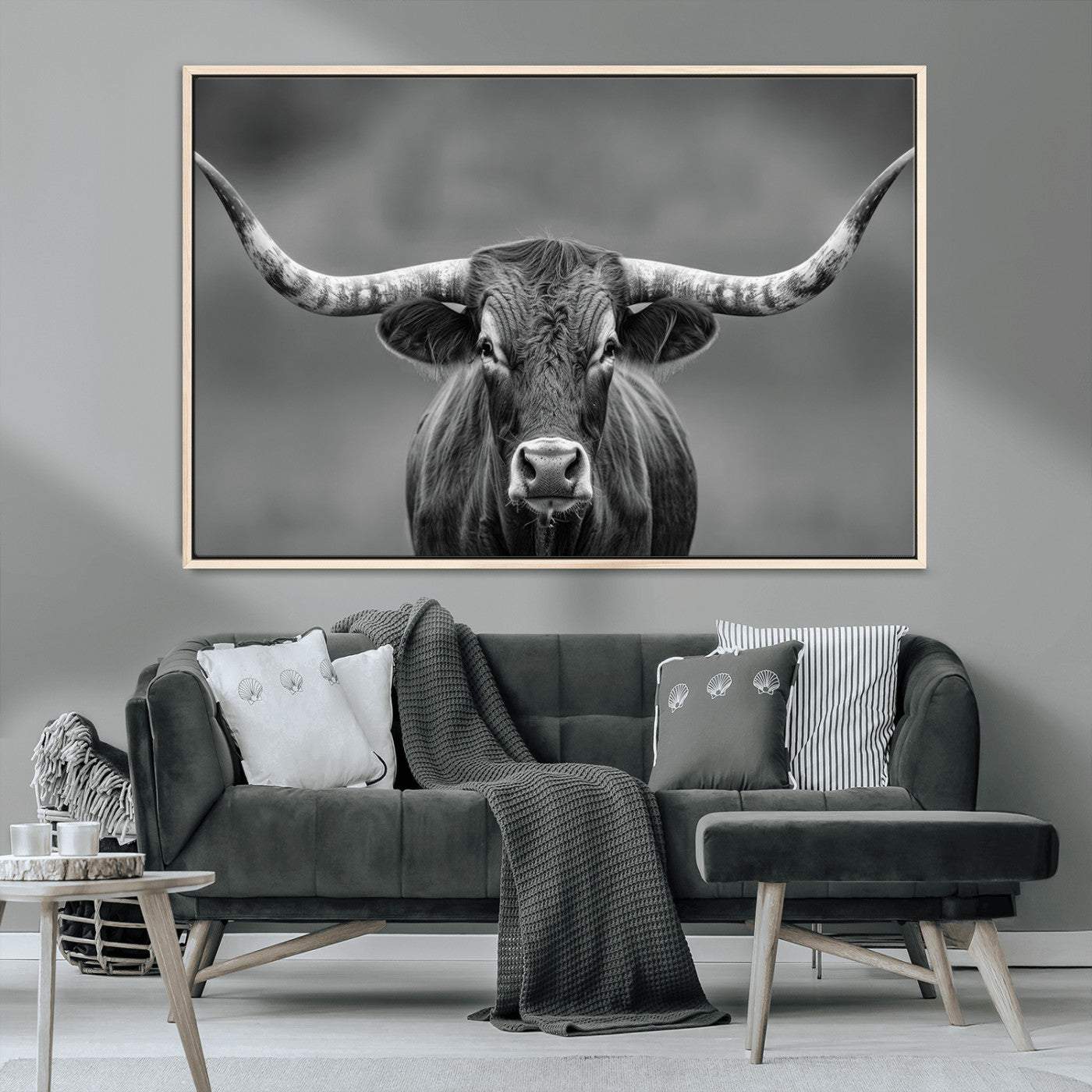 MGV-FC-36X24 - Framed Texas Longhorn Bull Art Canvas Print, Western Bull Wall Art Print, Long Horn Bull Photo Print