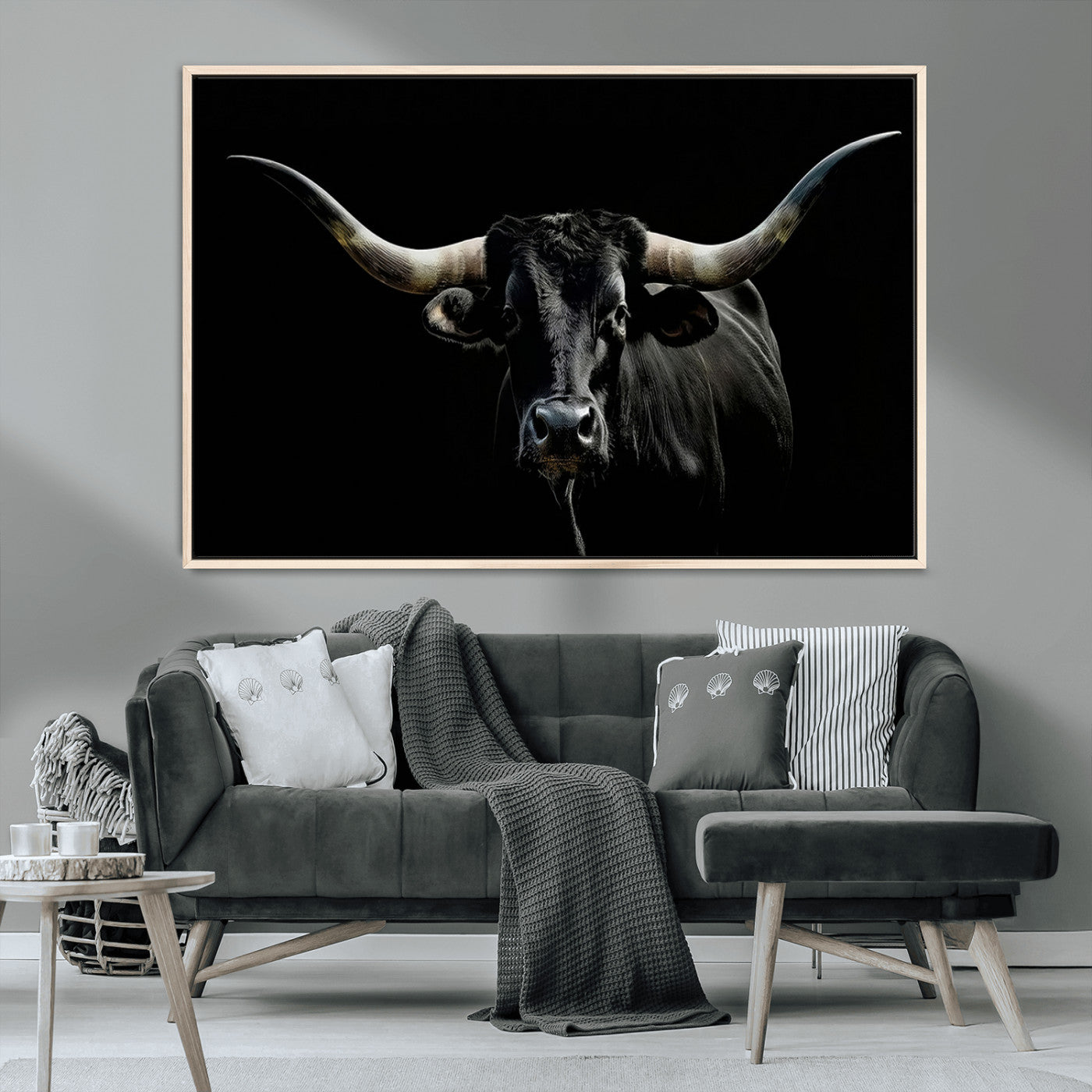 MGV-FC-36X24 - Texas Black Bull Wall Art Print, Longhorn Bull Canvas Wall Art