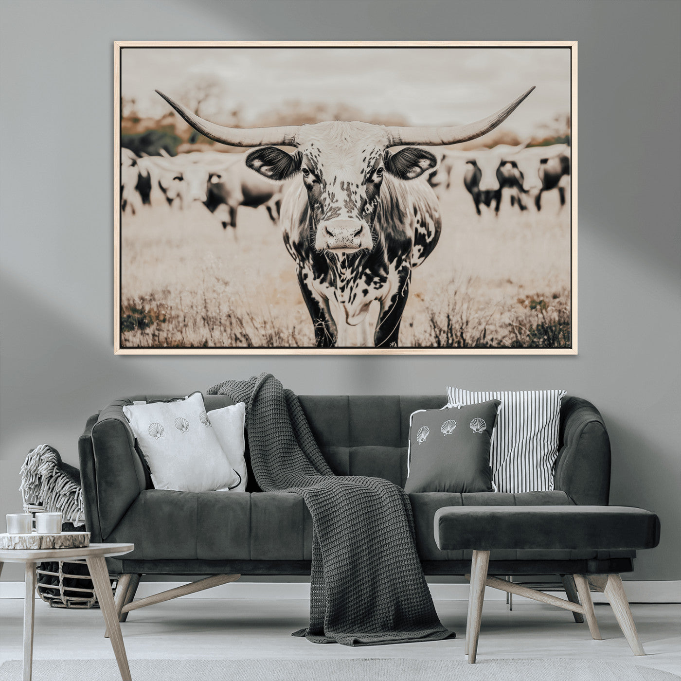 MGV-FC-36X24 - Texas Longhorn Wall Art Canvas Print, Framed Speckled Cow Art Picture Print, Horned Cattle Perfect Rustic Western Decor Artwork