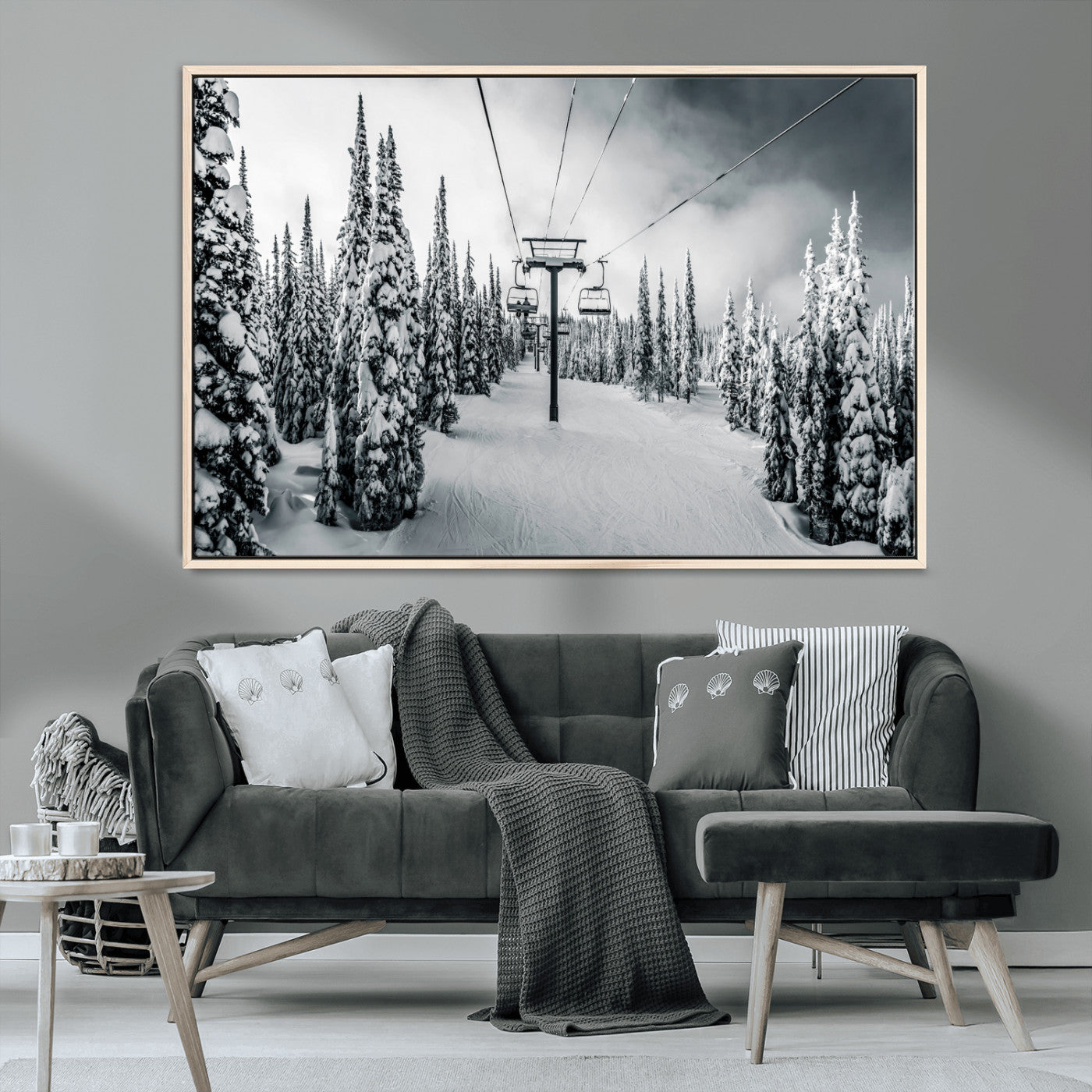 MGV-FC-36X24 - Snowy Pines Wall Art Canvas Print, Framed Ski Lift Art Picture Print, Winter Forest Perfect Moody Lodge Decor Artwork