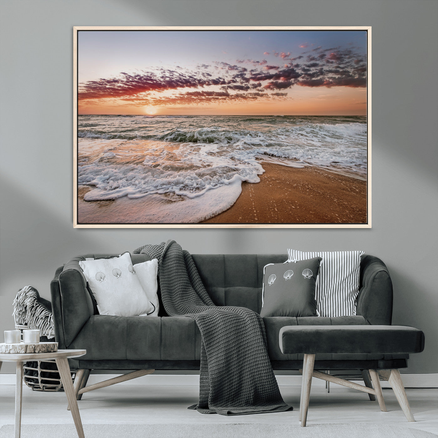 MGV-FC-36X24 - Ocean Sunset Wall Art Canvas Print, Framed Sandy Shore Art Picture Print, Gentle Waves Perfect Minimalist Coastal Decor Artwork
