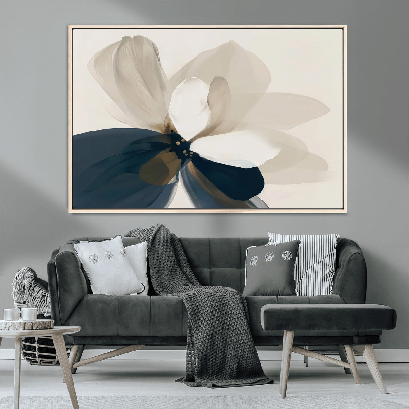 MGV-FC-36X24 - Minimal Flower Wall Art Canvas Print, Framed Flower Drawing Art Picture Print, Beige Bloom Perfect Modern Botanical Decor Artwork