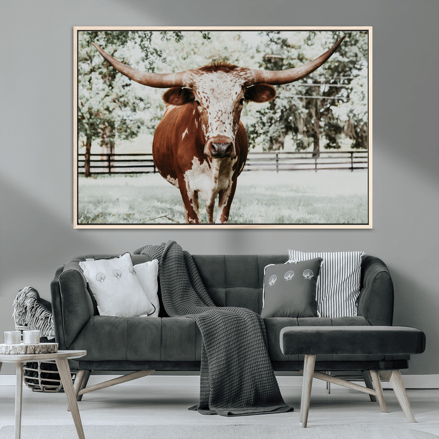 MGV-FC-36X24 - Texas Longhorn Wall Art Canvas Print, Framed Spotted Cow Art Picture Print, Horned Cattle Perfect Rustic Western Decor Artwork