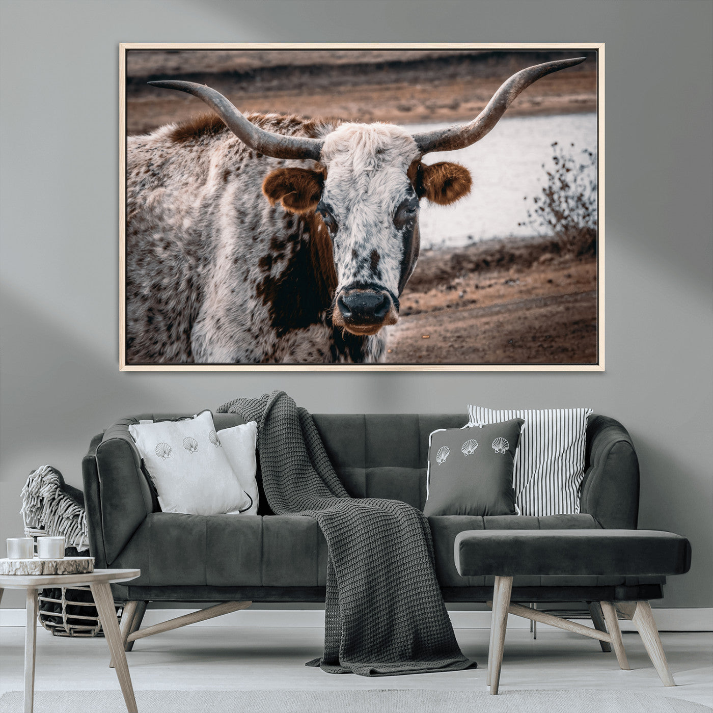 MGV-FC-36X24 - Texas Longhorn Wall Art Canvas Print, Framed Spotted Cow Art Picture Print, Horned Cattle Perfect Rustic Western Decor Artwork