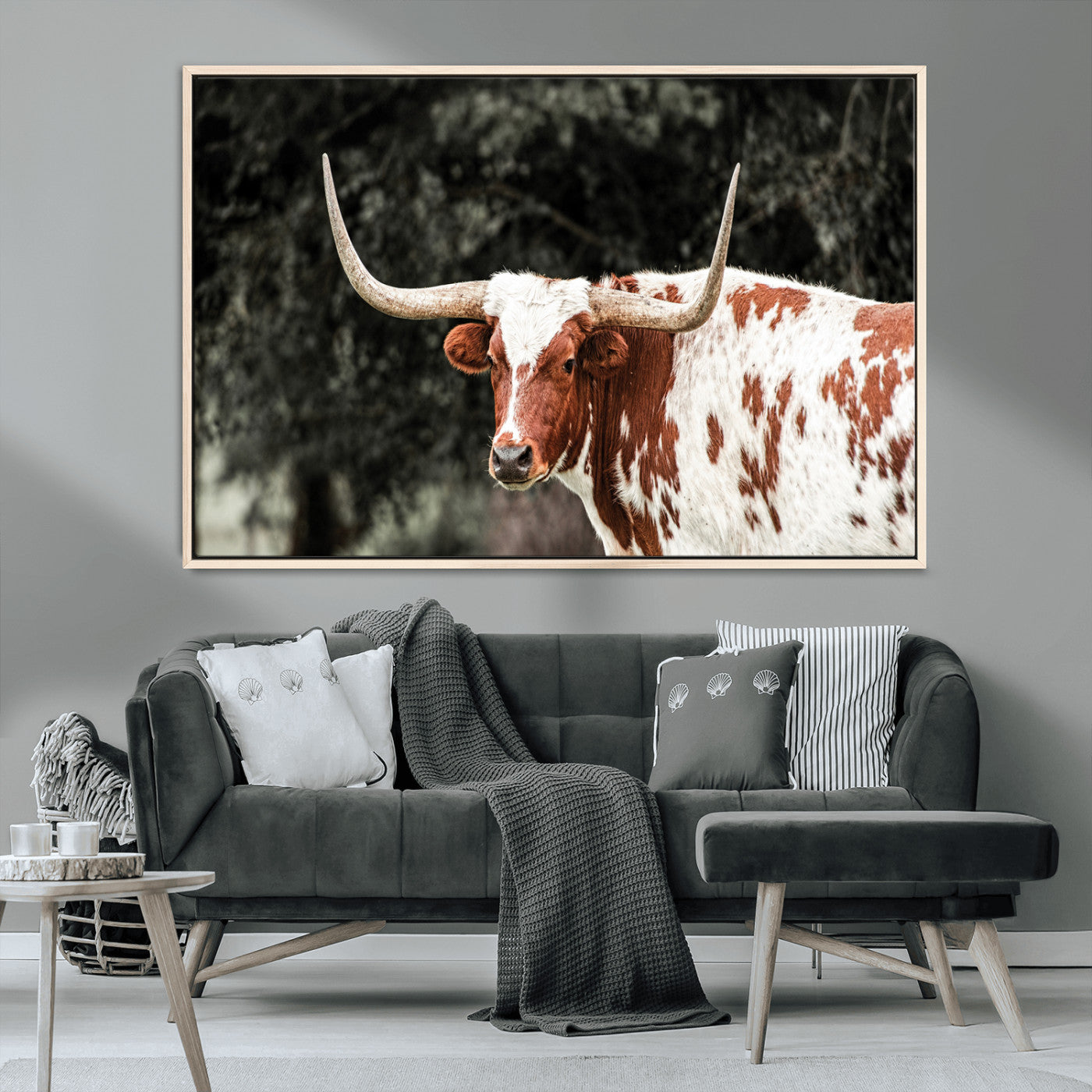 MGV-FC-36X24 - Texas Longhorn Wall Art Canvas Print, Framed Spotted Cow Art Picture Print, Horned Bull Perfect Rustic Western Decor Artwork
