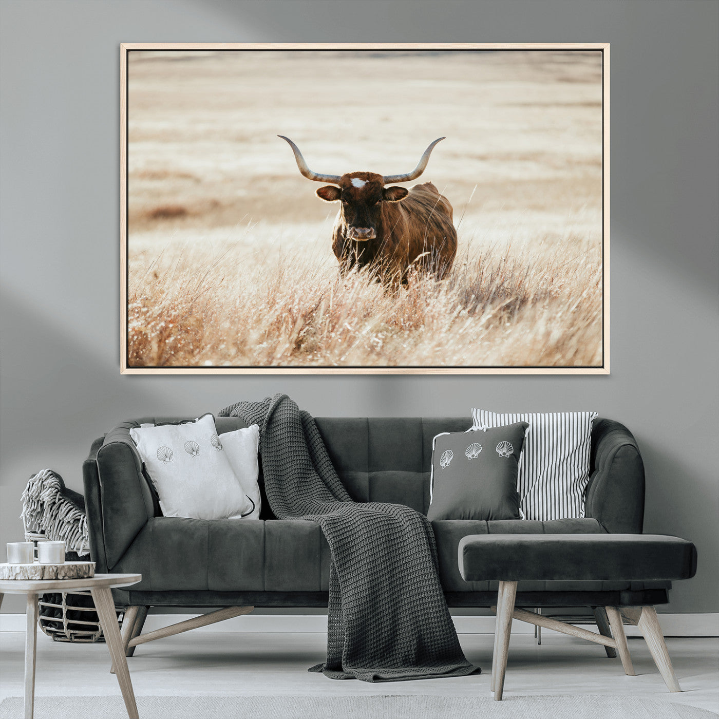 MGV-FC-36X24 - Texas Longhorn Wall Art Canvas Print, Framed Brown Cattle Art Picture Print, Horned Bull Perfect Rustic Western Decor Artwork