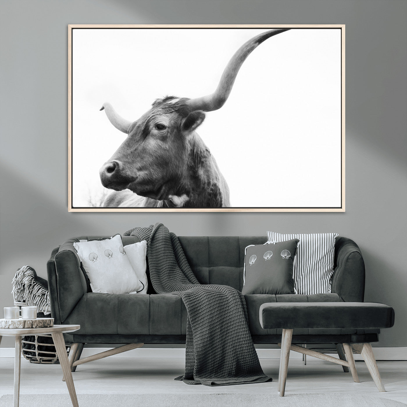 MGV-FC-36X24 - Longhorn Wall Art Wall Art Canvas Print, Framed Modern Ranch Style Art Art Picture Print, Monochrome Cow Print Perfect Rustic Western Decor Artwork