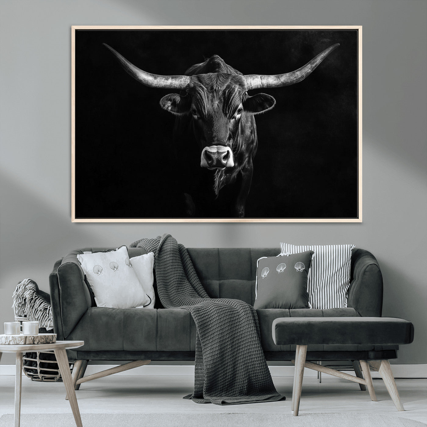 MGV-FC-36X24 - Texas Longhorn Wall Art Canvas Print, Framed Monochrome Bull Art Picture Print, Horned Bull Perfect Rustic Western Decor Artwork