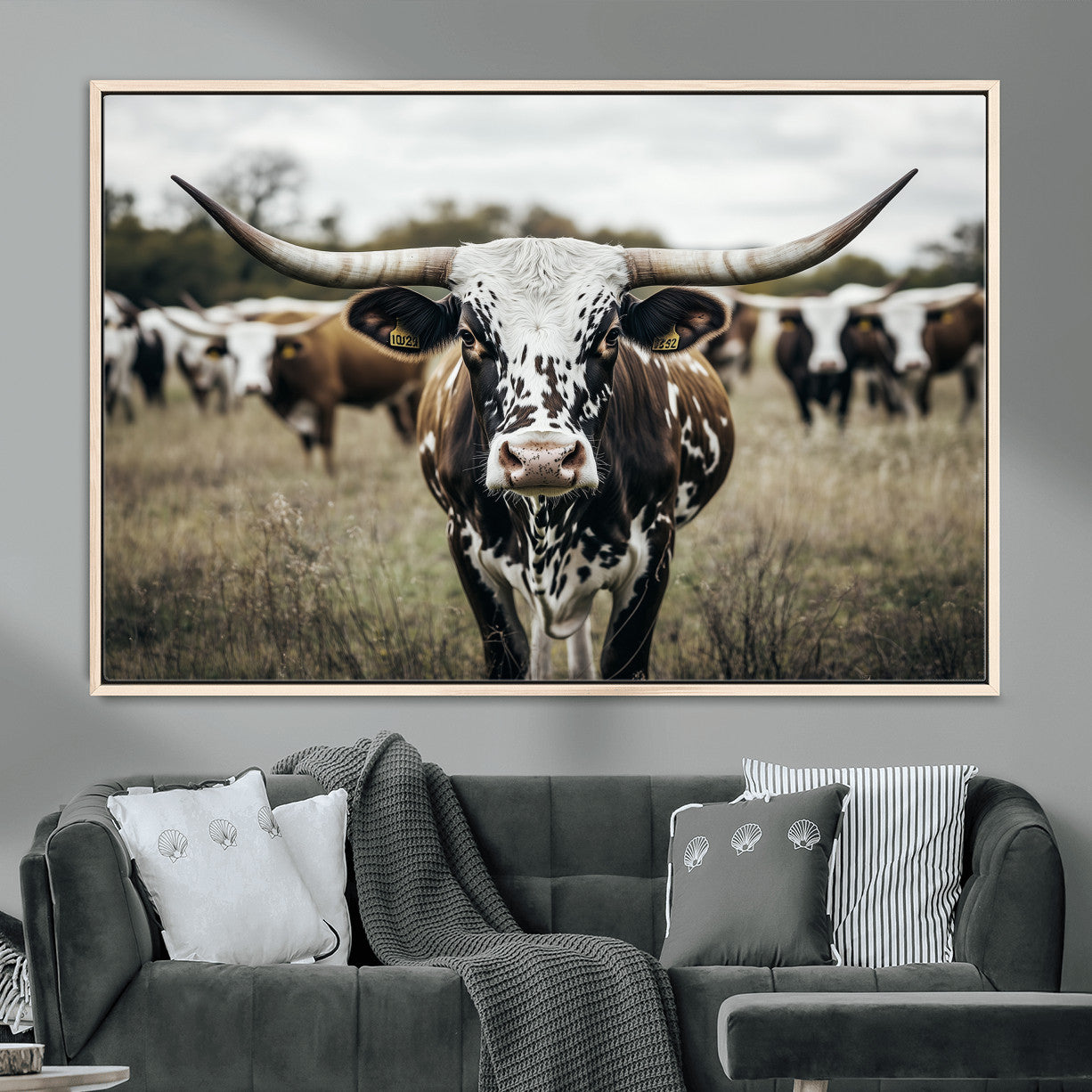 MGV-FC-36X24 - Majestic Longhorn Cow Wall Art – Canvas Print of Intricate Fur & Sharp Horns Earthy Tones Serene Landscape, Rustic Charm Decor for Living Room, Office or Bedroom