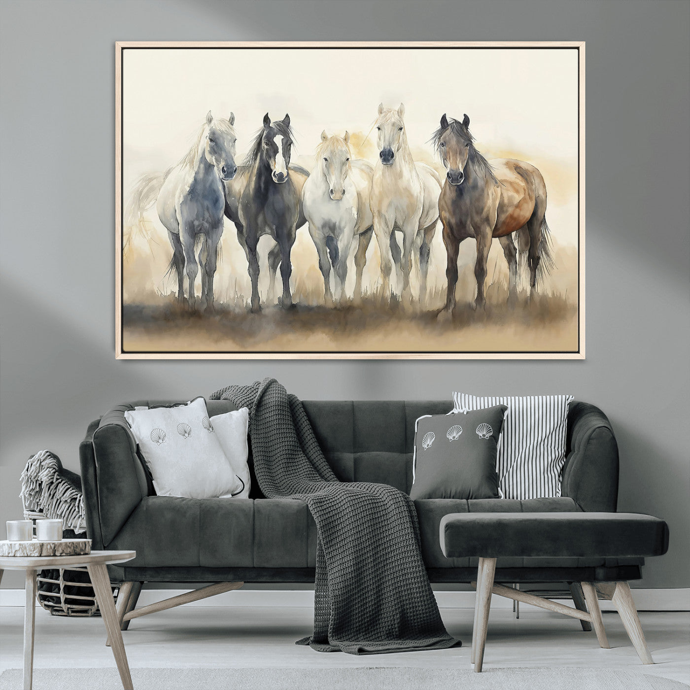 MGV-FC-36X24 - Wild Horses Wall Art Canvas Print, Framed Running Horses Art Picture Print, Watercolor Horses Perfect Rustic Western Decor Artwork