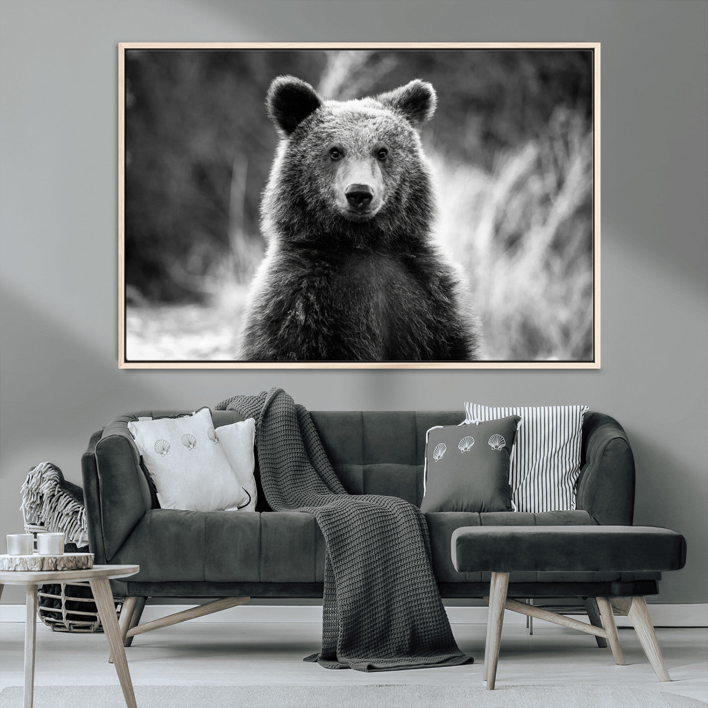 MGV-FC-36X24 - Grizzly Bear Wall Art Canvas Print, Framed Black White Bear Art Picture Print, Wild Bear Perfect Rustic Wildlife Decor Artwork