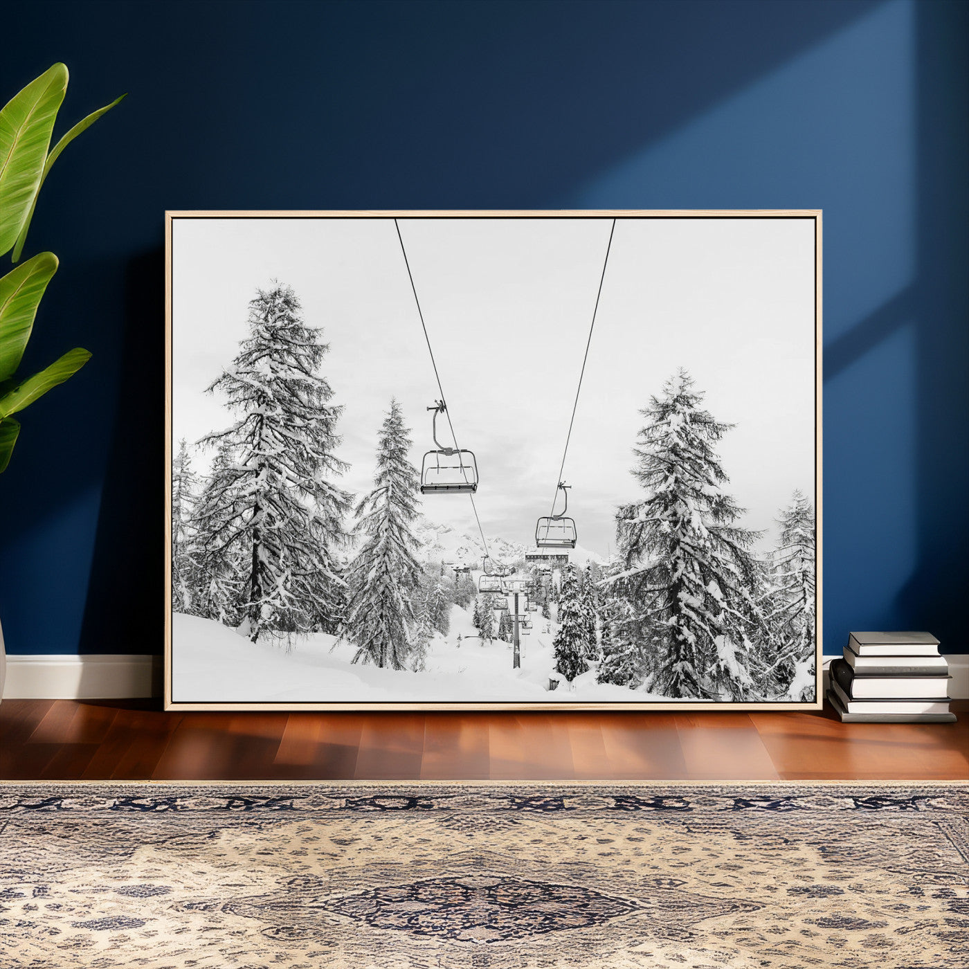 55003599-MGV-CV-36X24 - Snowy Ski Lift Wall Art – Framed Winter Forest Canvas Artwork, Peaceful Mountain Design, Modern Nature Decor for Home, Office